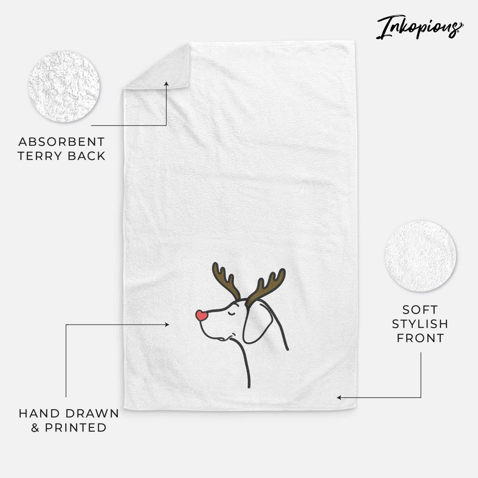 Minimalist line drawing of a German Shorthaired Pointer with reindeer antlers and a red nose on a decorative hand towel