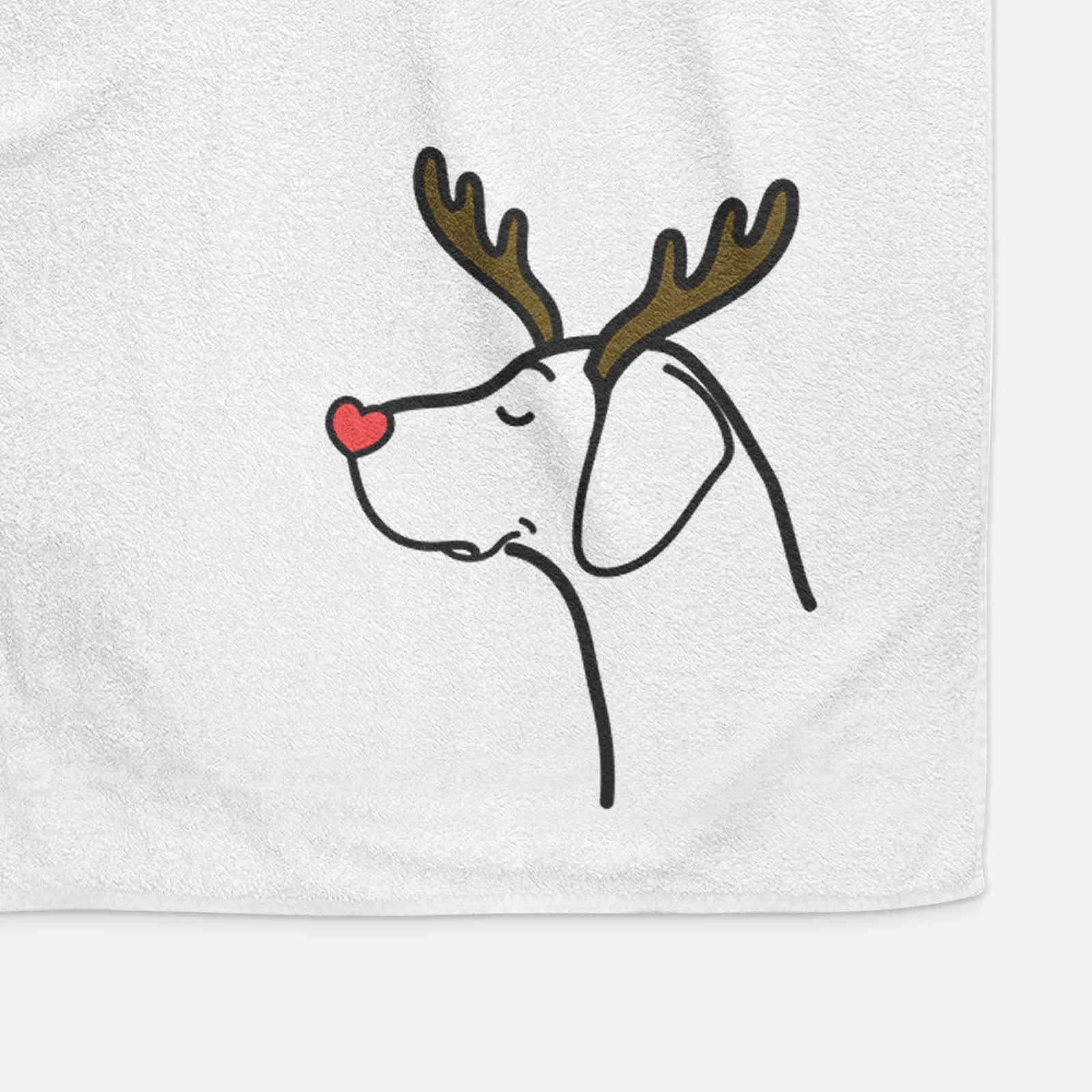 Minimalist line drawing of a German Shorthaired Pointer with reindeer antlers and a red nose on a decorative hand towel