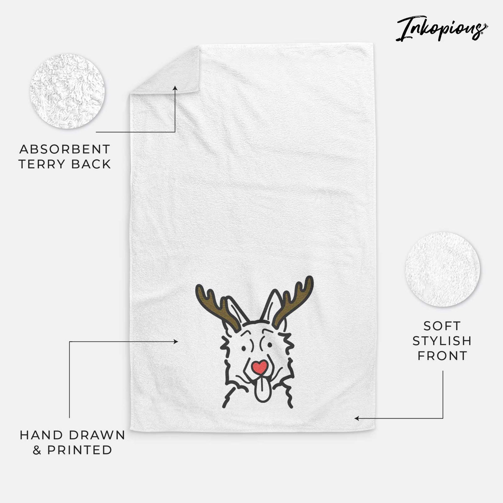 Minimalist line drawing of a German Shepherd with reindeer antlers and a red nose on a decorative hand towel