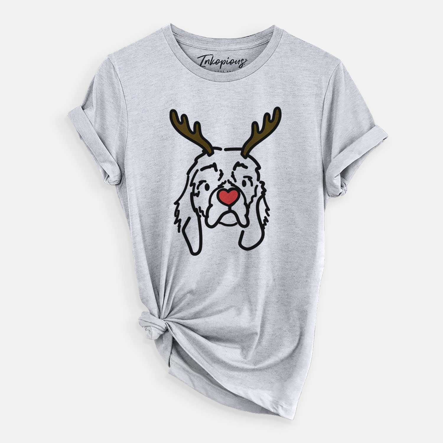 Minimalist line drawing of GiGi the Cocker Spaniel with reindeer antlers and a red nose on a Grey Unisex crewneck
