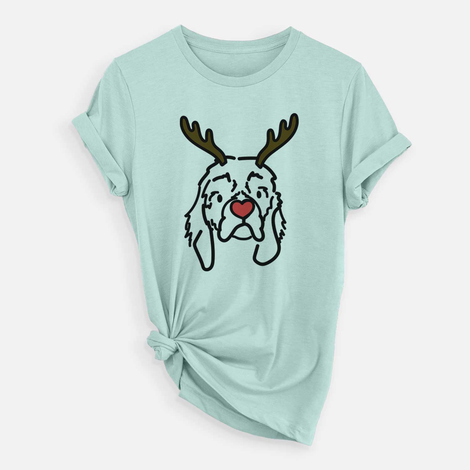 Minimalist line drawing of GiGi the Cocker Spaniel with reindeer antlers and a red nose on a Heather Sage Unisex crewneck