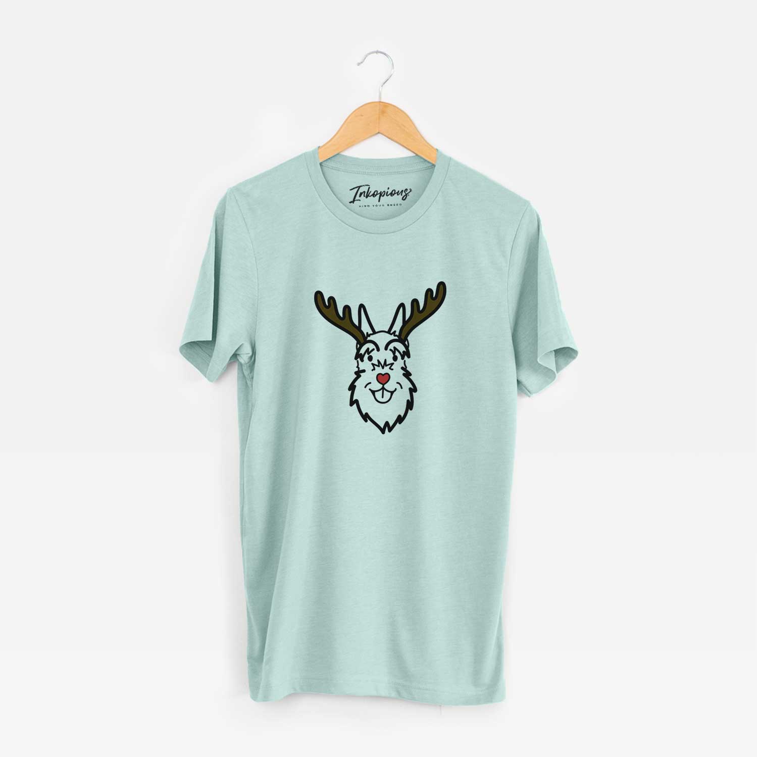 Minimalist line drawing of a Schnauzer Cropped Ears with reindeer antlers and a red nose on a Heather Sage Unisex crewneck