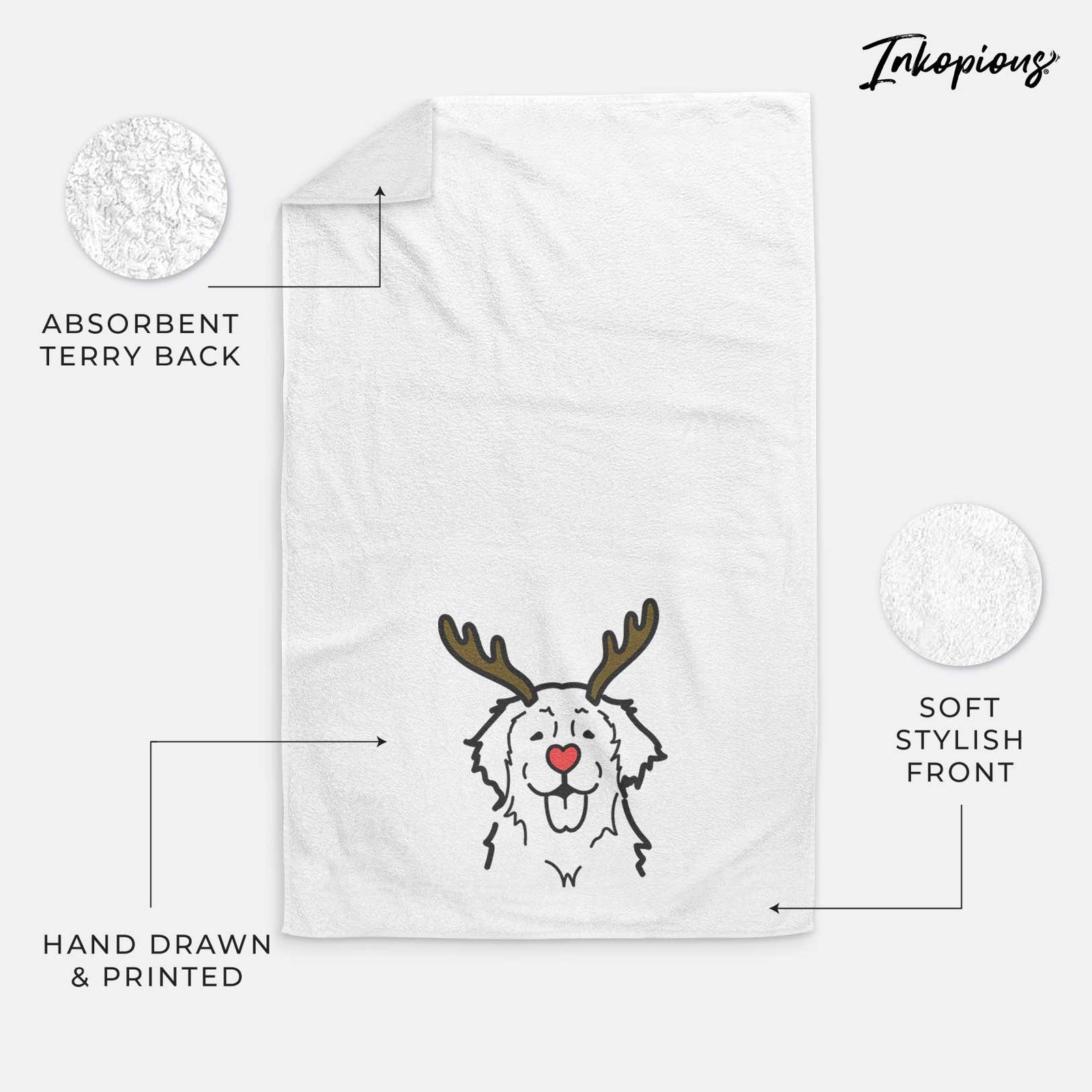 Minimalist line drawing of a Golden Retriever with reindeer antlers and a red nose on a decorative hand towel