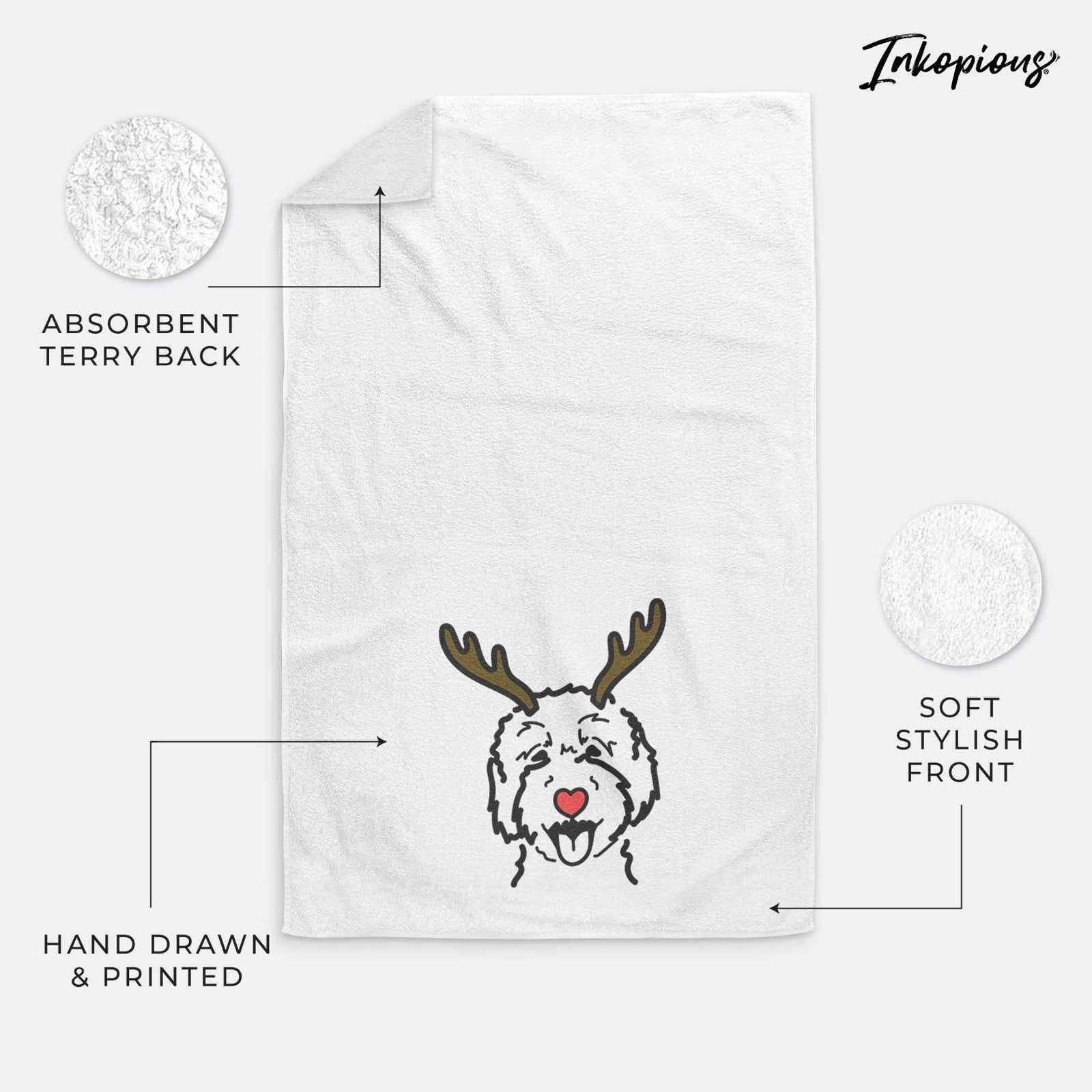Minimalist line drawing of a Goldendoodle 2 with reindeer antlers and a red nose on a decorative hand towel