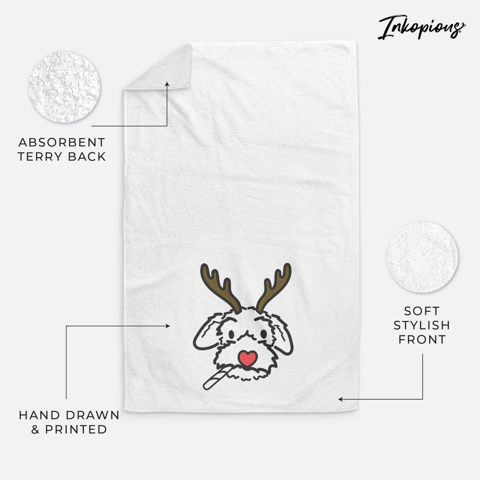 Minimalist line drawing of Gomer the Poodle Mix with reindeer antlers and a red nose on a decorative hand towel