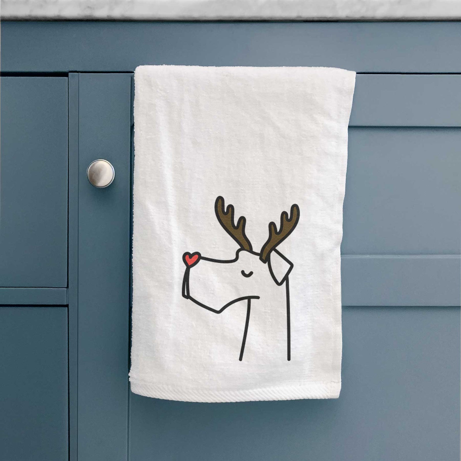 Minimalist line drawing of a Great Dane with reindeer antlers and a red nose on a decorative hand towel