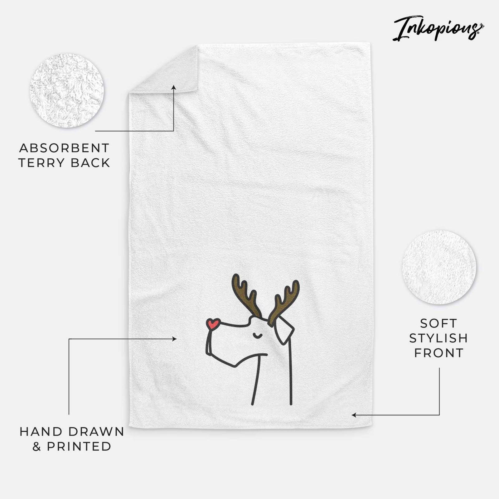 Minimalist line drawing of a Great Dane with reindeer antlers and a red nose on a decorative hand towel