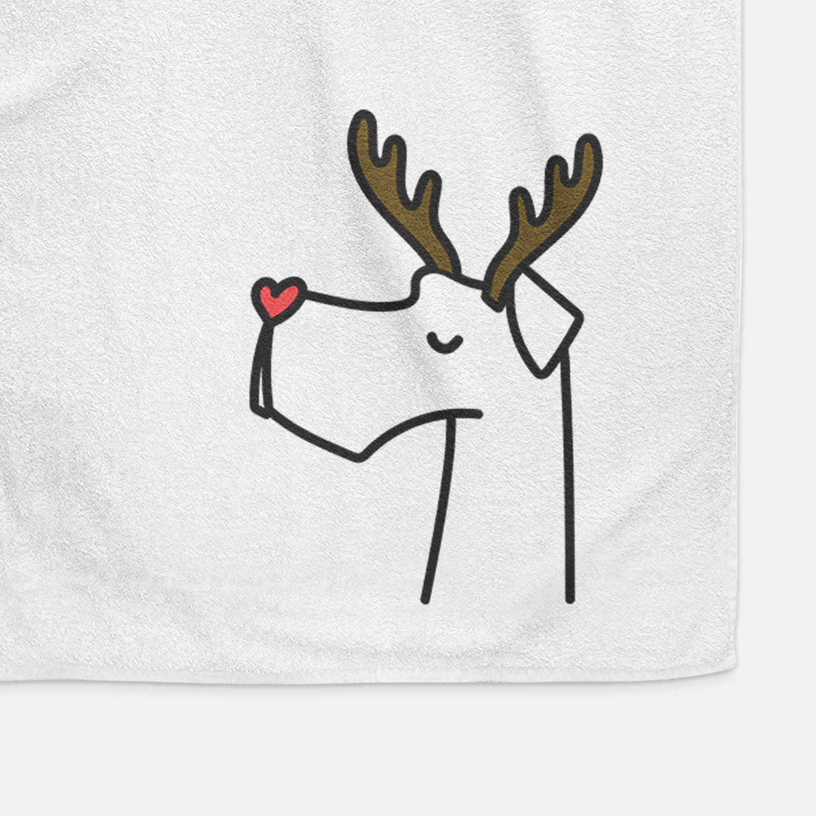 Minimalist line drawing of a Great Dane with reindeer antlers and a red nose on a decorative hand towel