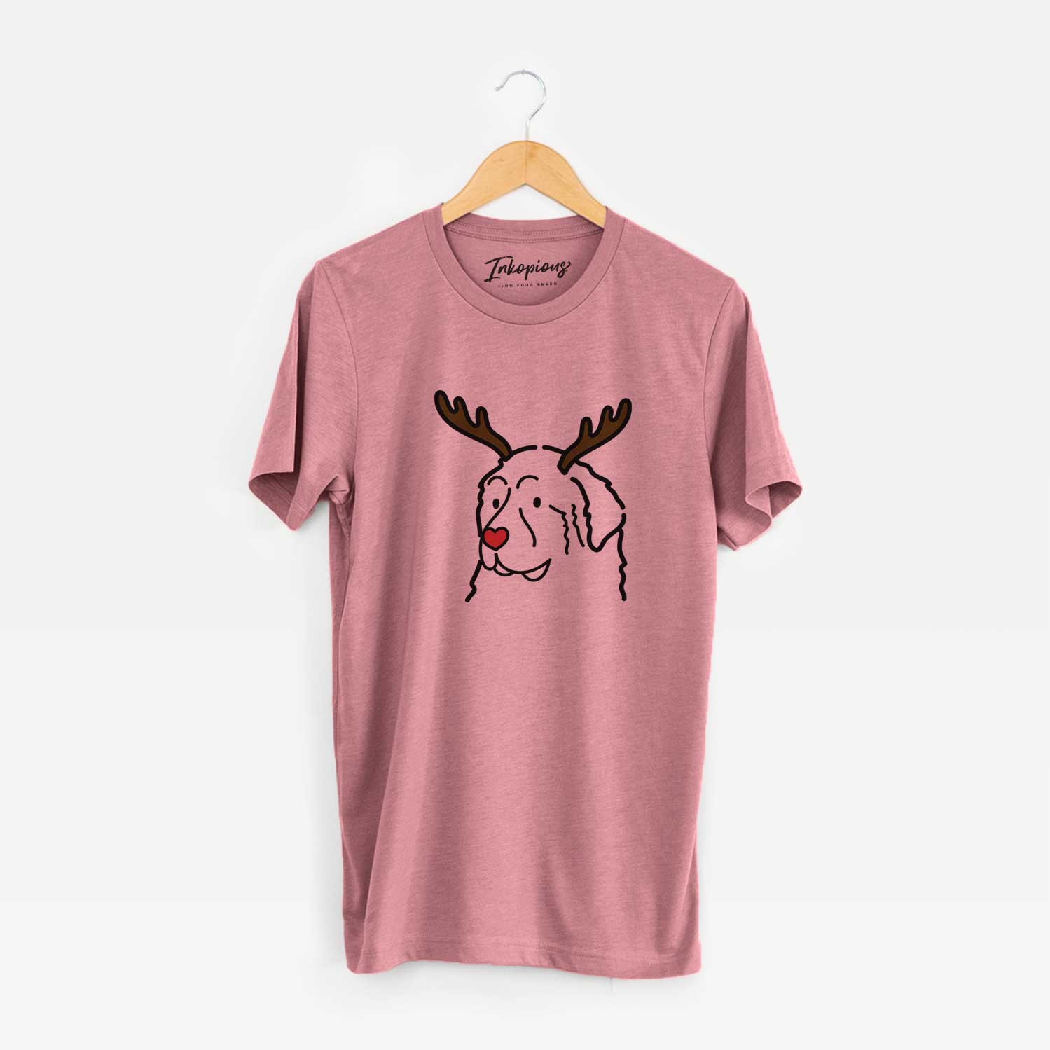 Minimalist line drawing of a Great Pyrenees with reindeer antlers and a red nose on a Mauve Unisex crewneck