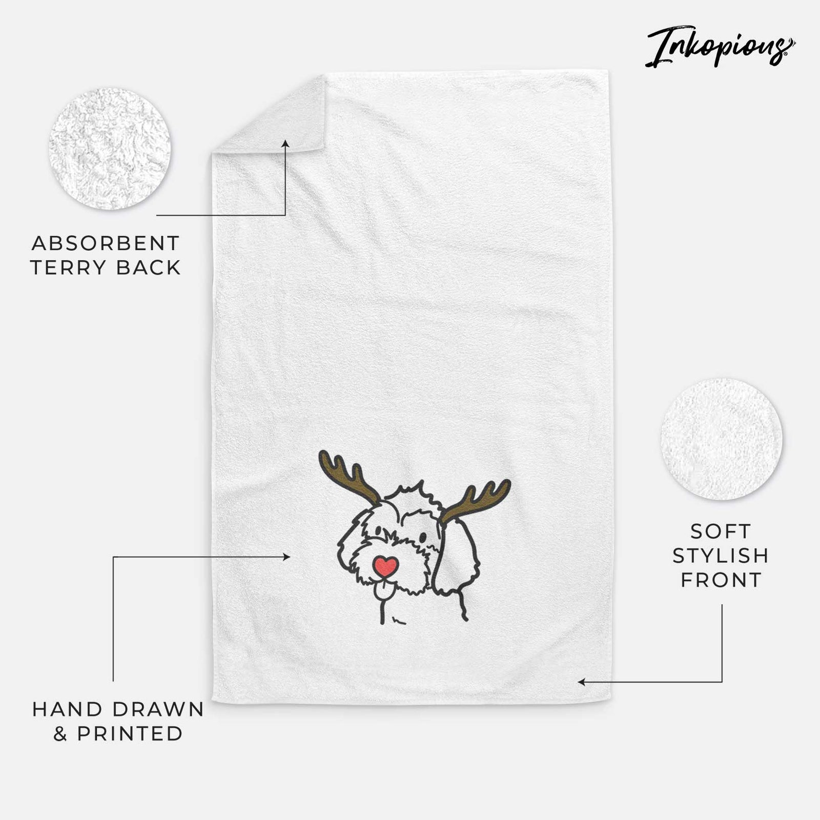 Minimalist line drawing of a Havapoo with reindeer antlers and a red nose on a decorative hand towel