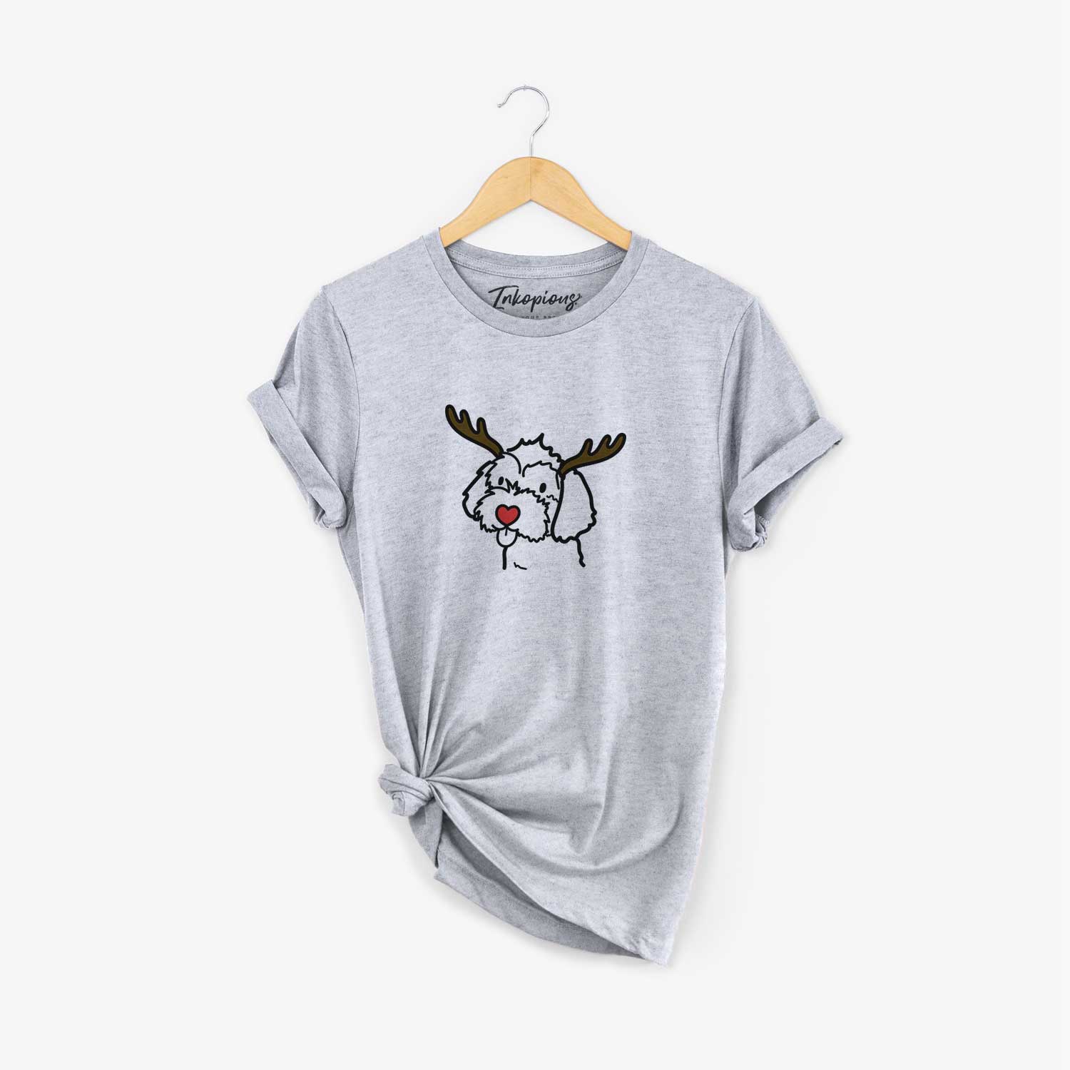 Minimalist line drawing of a Havapoo with reindeer antlers and a red nose on a Grey Unisex crewneck