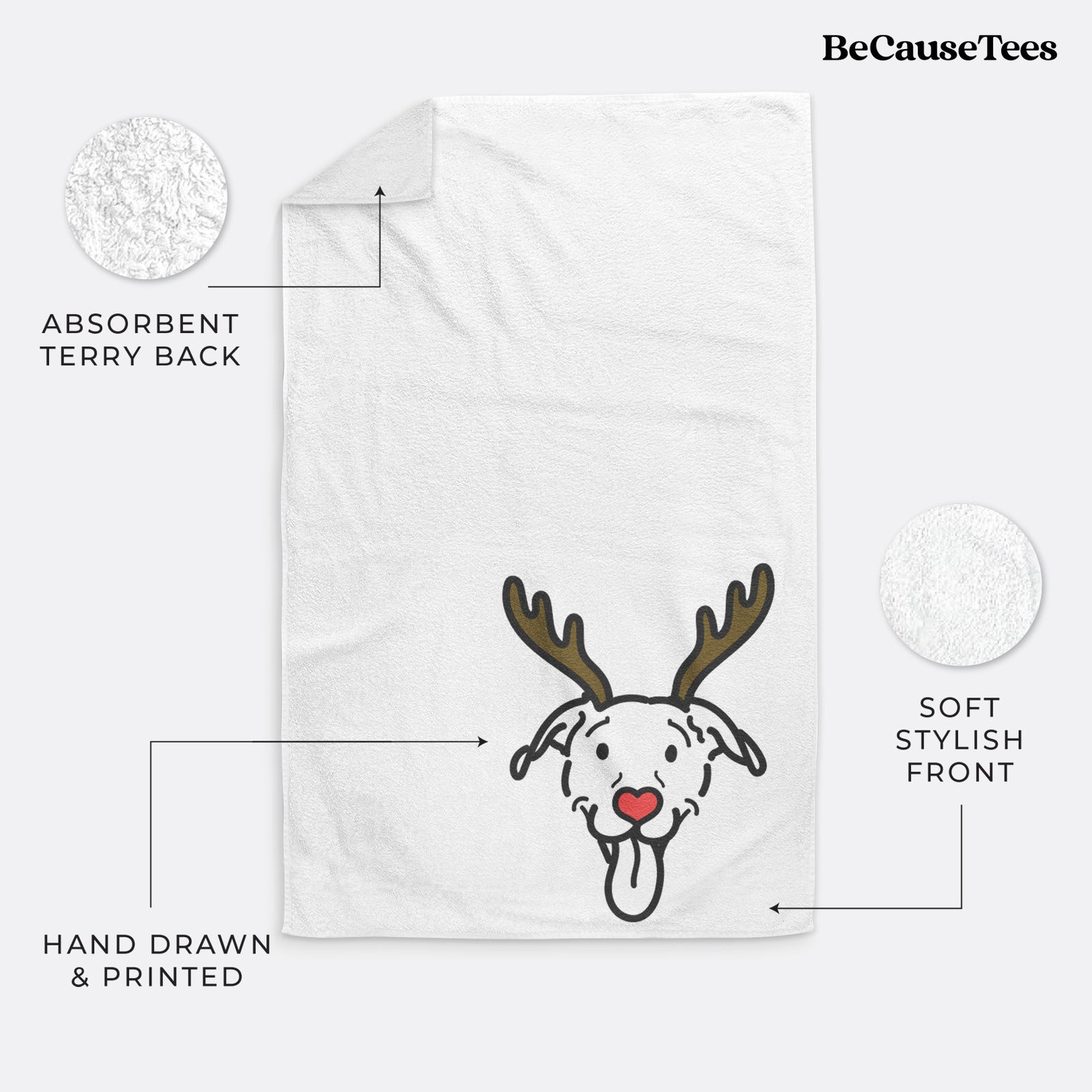 Minimalist line drawing of Hemi the Pitbull Mix with reindeer antlers and a red nose on a decorative hand towel