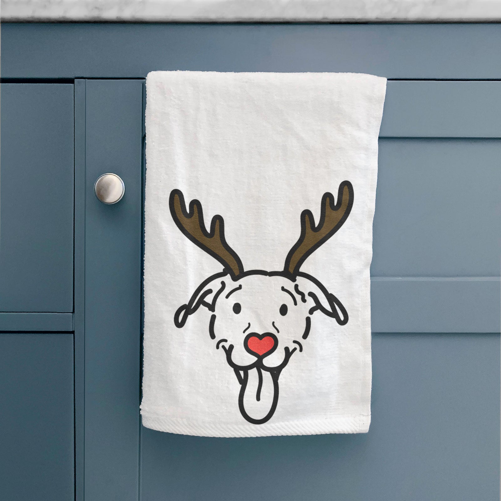 Minimalist line drawing of Hemi the Pitbull Mix with reindeer antlers and a red nose on a decorative hand towel