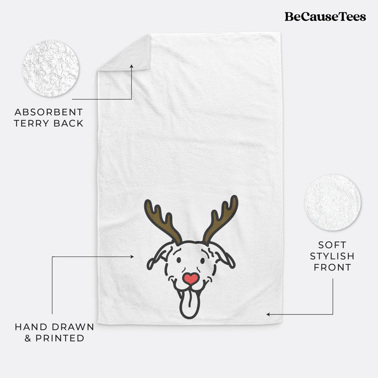Minimalist line drawing of Hemi the Pitbull Mix with reindeer antlers and a red nose on a decorative hand towel