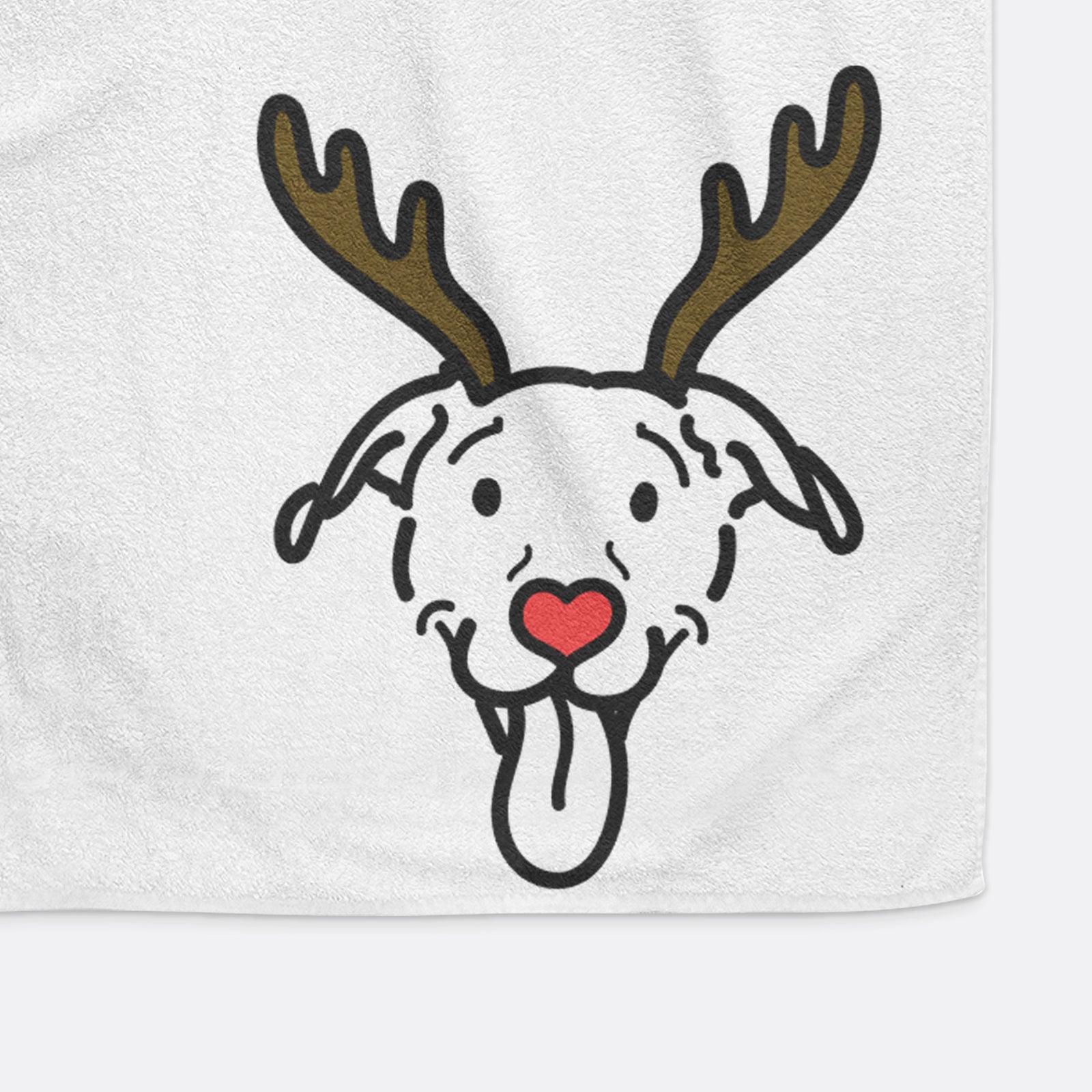Minimalist line drawing of Hemi the Pitbull Mix with reindeer antlers and a red nose on a decorative hand towel