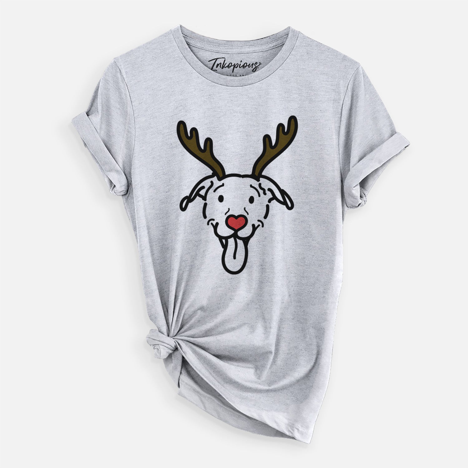 Minimalist line drawing of Hemi the Pitbull Mix with reindeer antlers and a red nose on a Grey Unisex crewneck