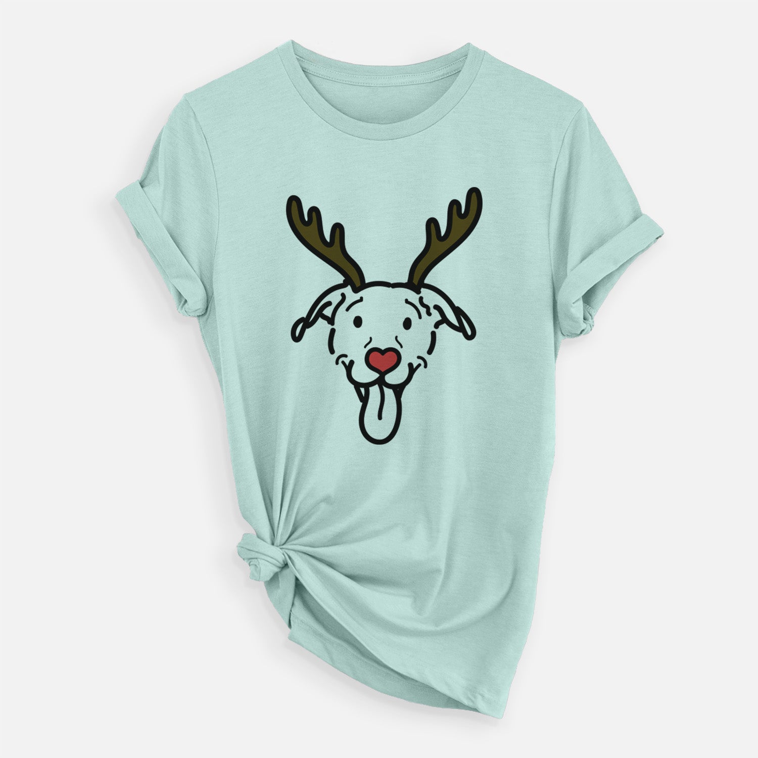 Minimalist line drawing of Hemi the Pitbull Mix with reindeer antlers and a red nose on a Heather Sage Unisex crewneck