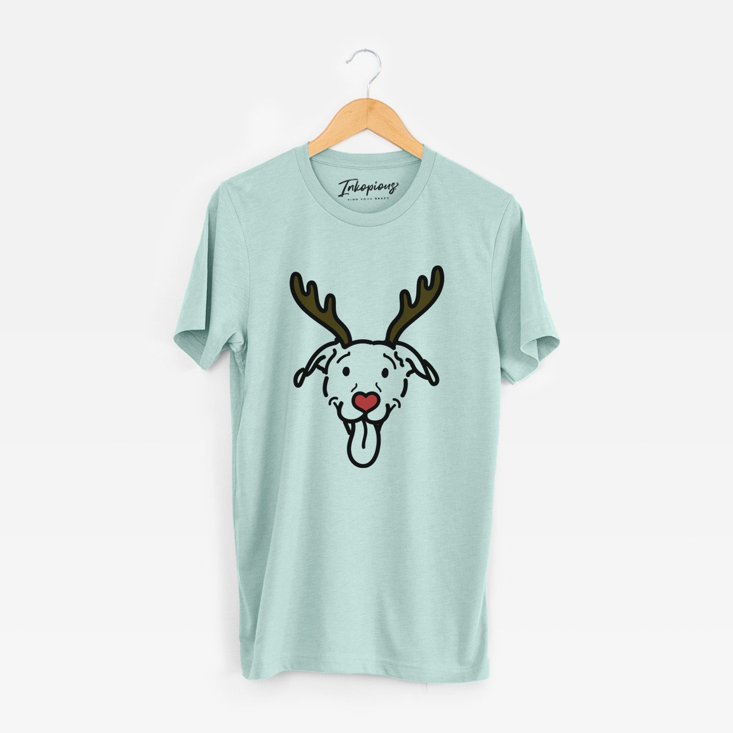Minimalist line drawing of Hemi the Pitbull Mix with reindeer antlers and a red nose on a Heather Sage Unisex crewneck