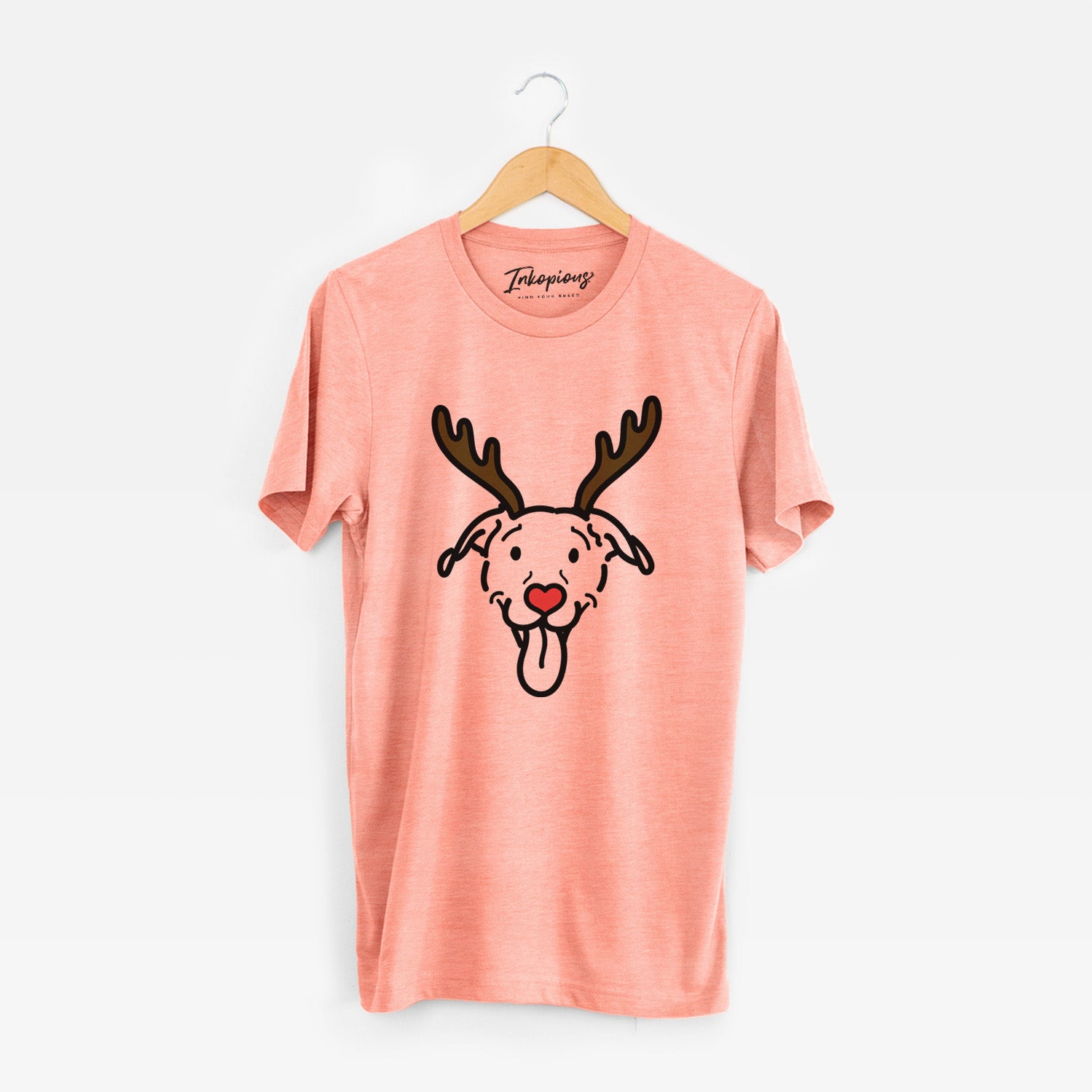 Minimalist line drawing of Hemi the Pitbull Mix with reindeer antlers and a red nose on a Sunset Unisex crewneck