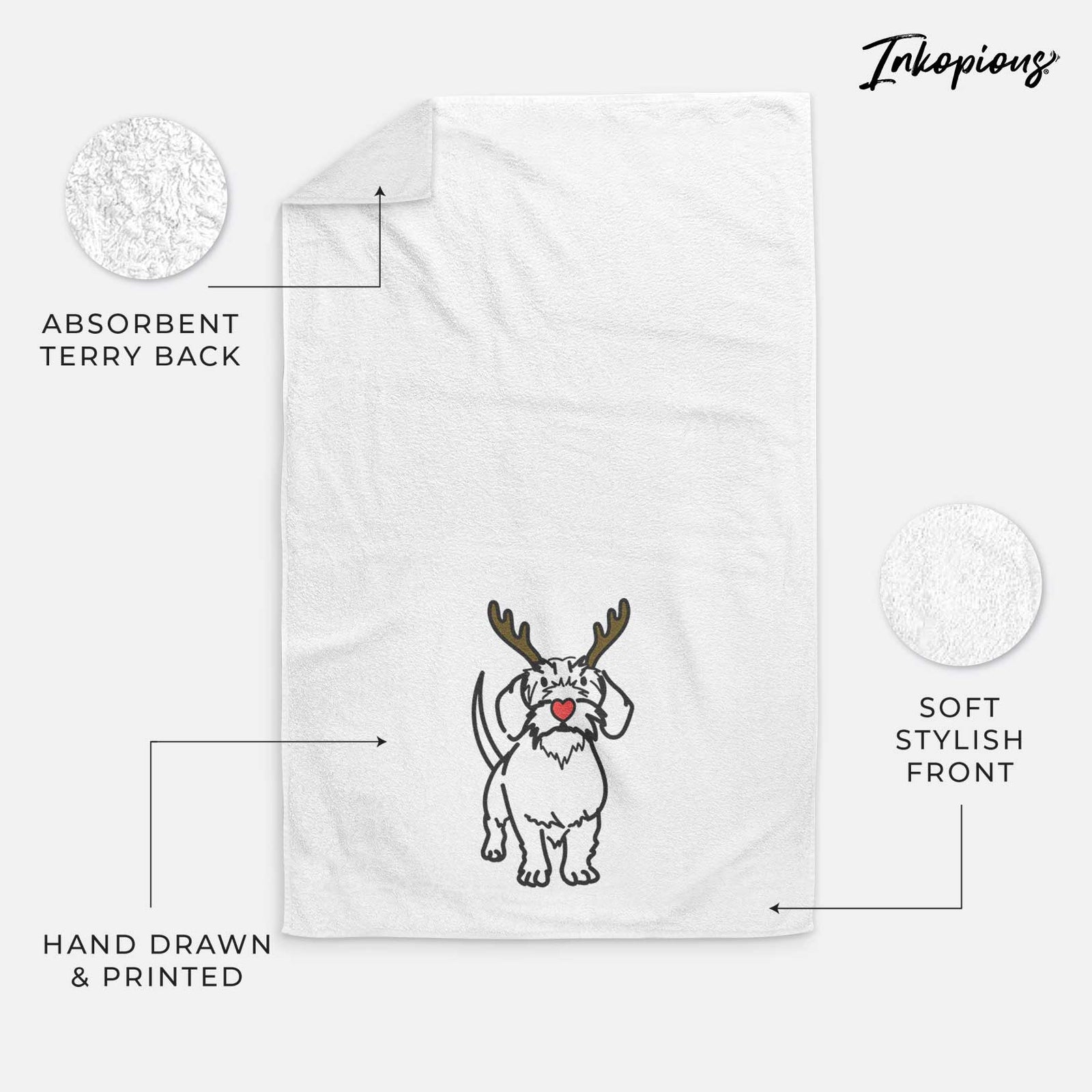 Minimalist line drawing of Henry the Wire Dachshund with reindeer antlers and a red nose on a decorative hand towel