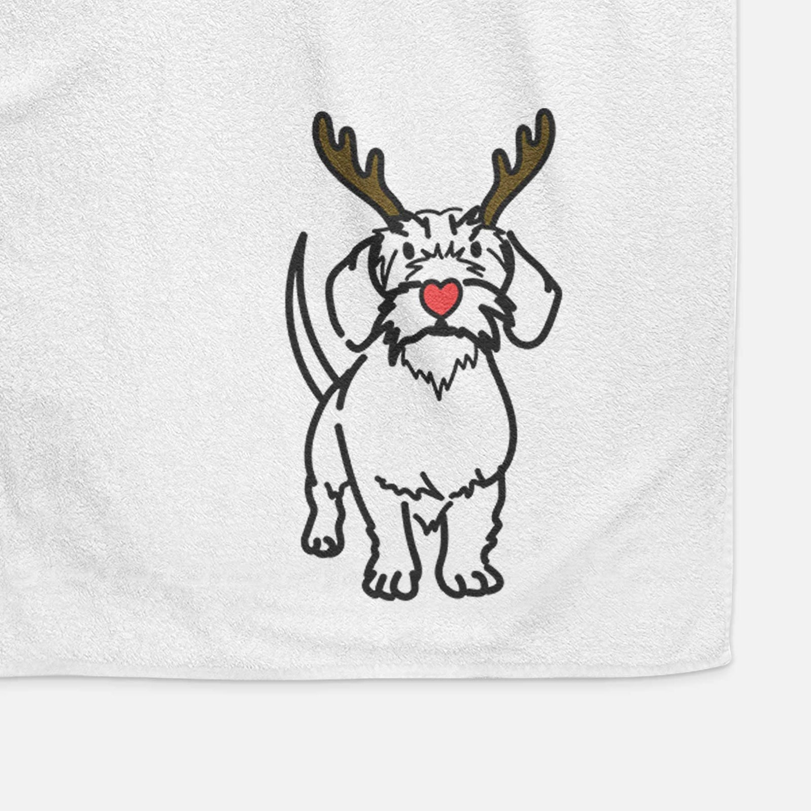 Minimalist line drawing of Henry the Wire Dachshund with reindeer antlers and a red nose on a decorative hand towel