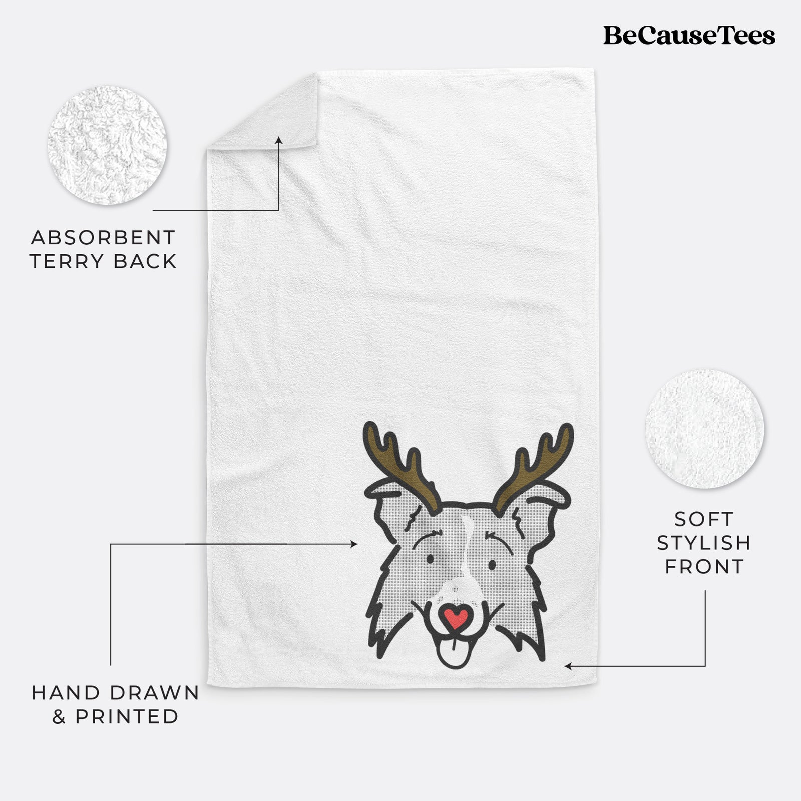 Minimalist line drawing of Jam the Border Collie 2.0 with reindeer antlers and a red nose on a decorative hand towel