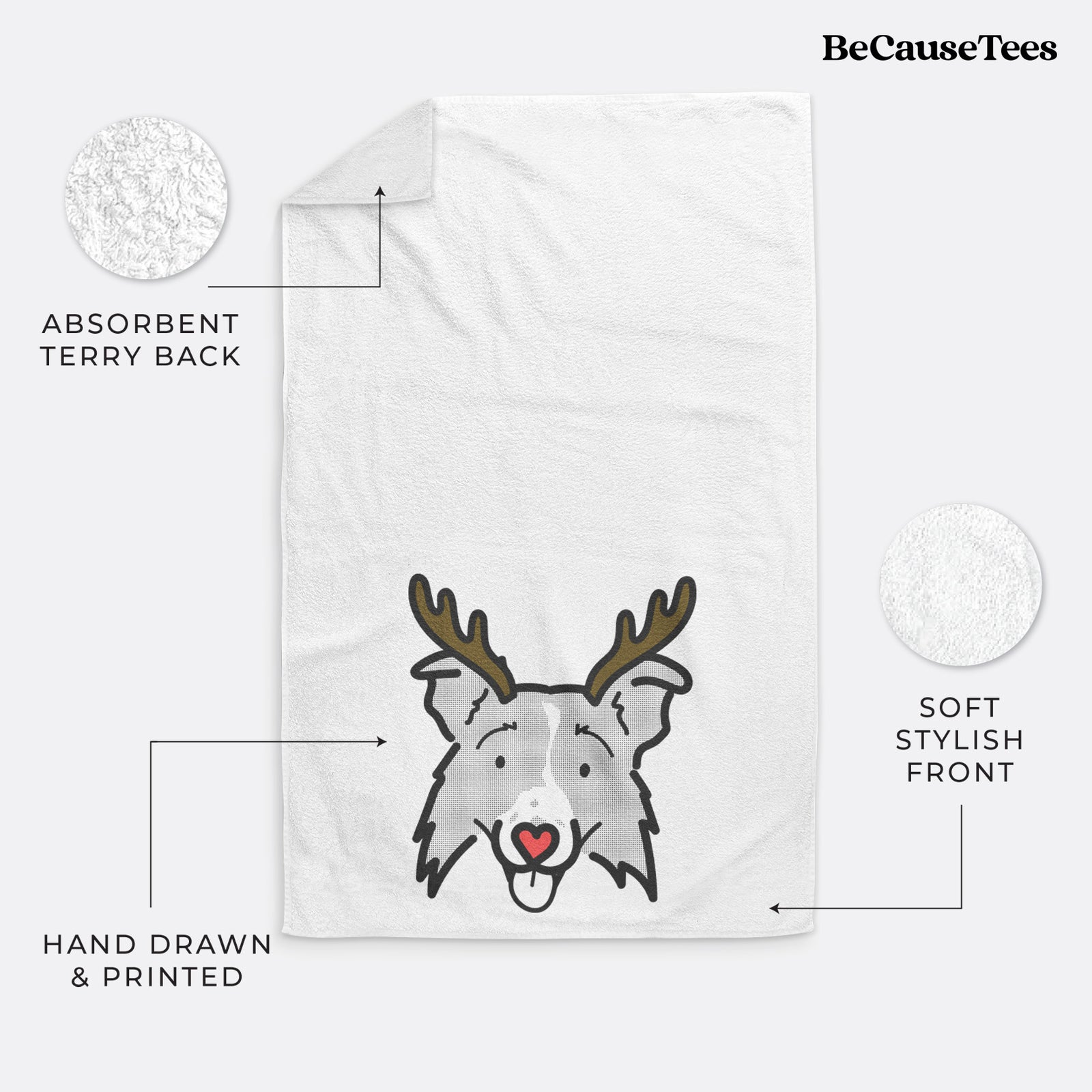 Minimalist line drawing of Jam the Border Collie 2.0 with reindeer antlers and a red nose on a decorative hand towel