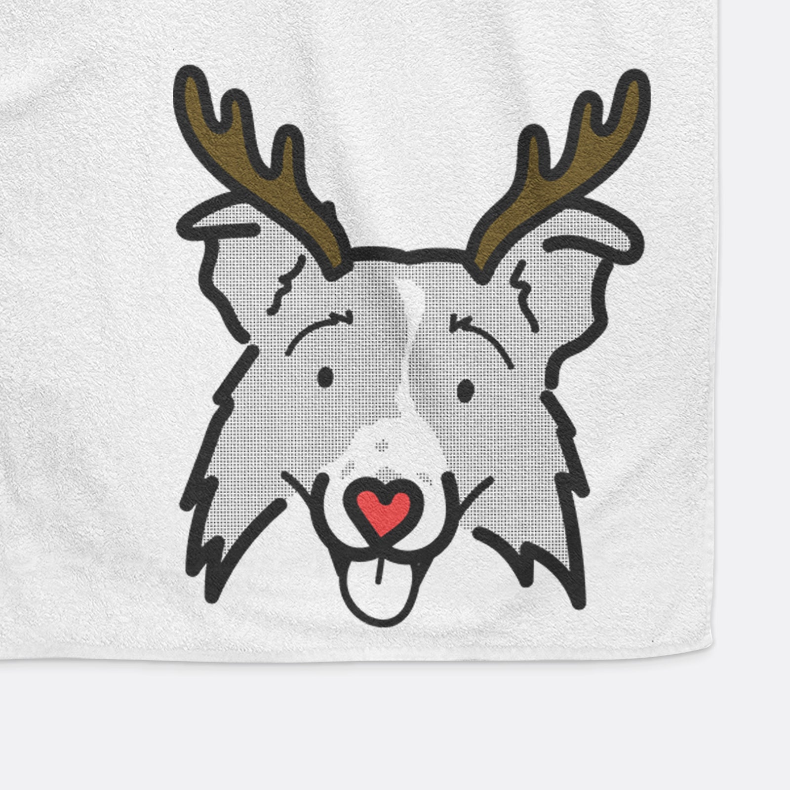 Minimalist line drawing of Jam the Border Collie 2.0 with reindeer antlers and a red nose on a decorative hand towel