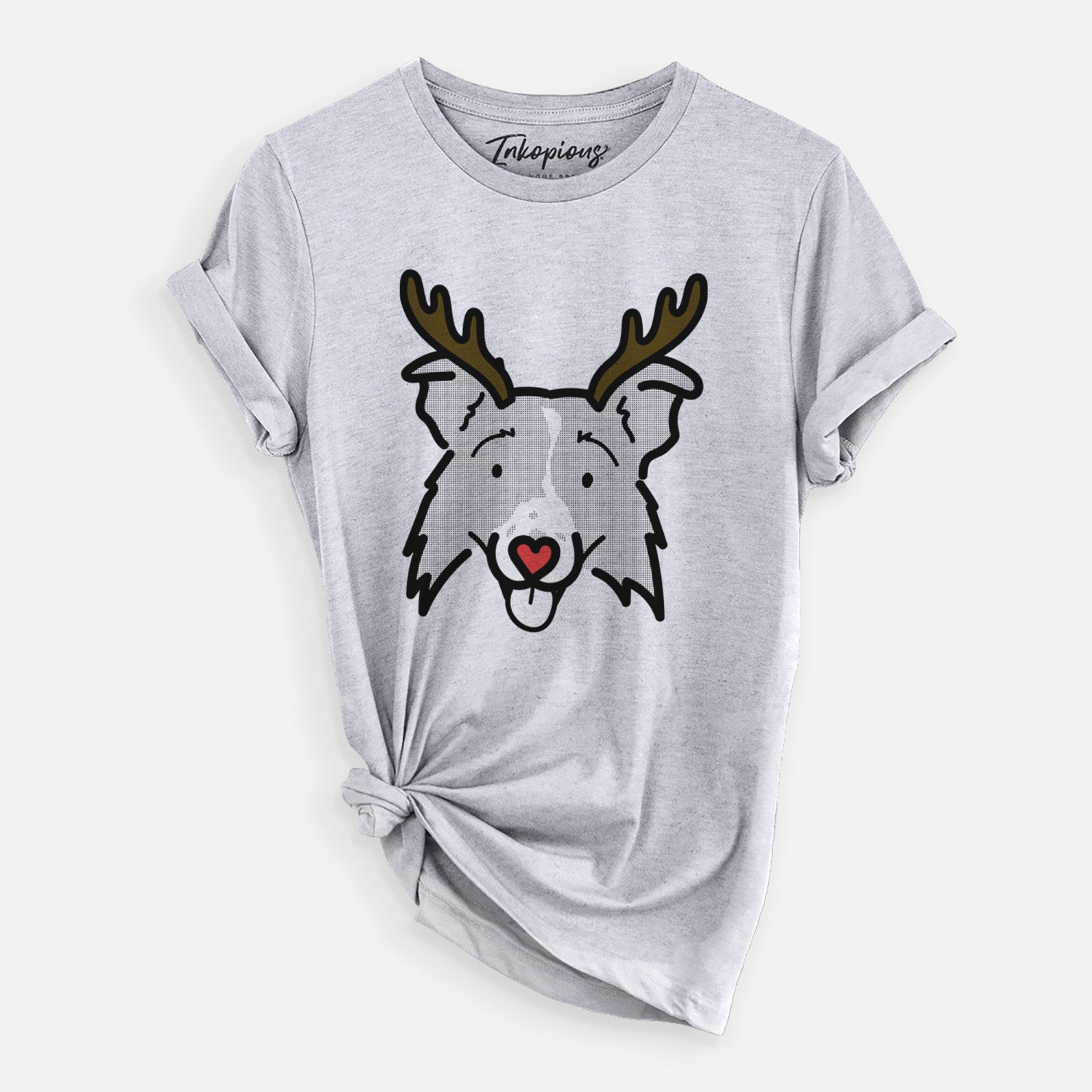 Minimalist line drawing of Jam the Border Collie 2.0 with reindeer antlers and a red nose on a Grey Unisex crewneck