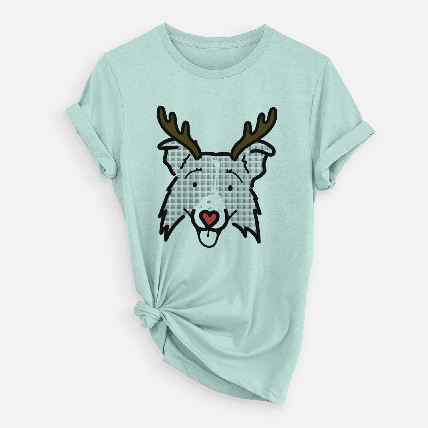 Minimalist line drawing of Jam the Border Collie 2.0 with reindeer antlers and a red nose on a Heather Sage Unisex crewneck