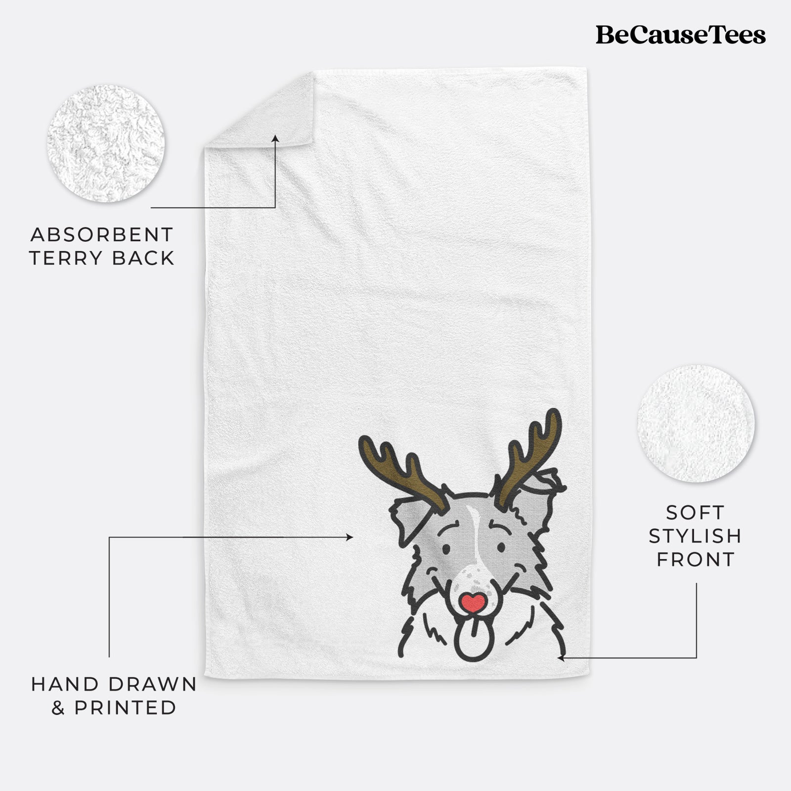 Minimalist line drawing of Jam the Border Collie with reindeer antlers and a red nose on a decorative hand towel