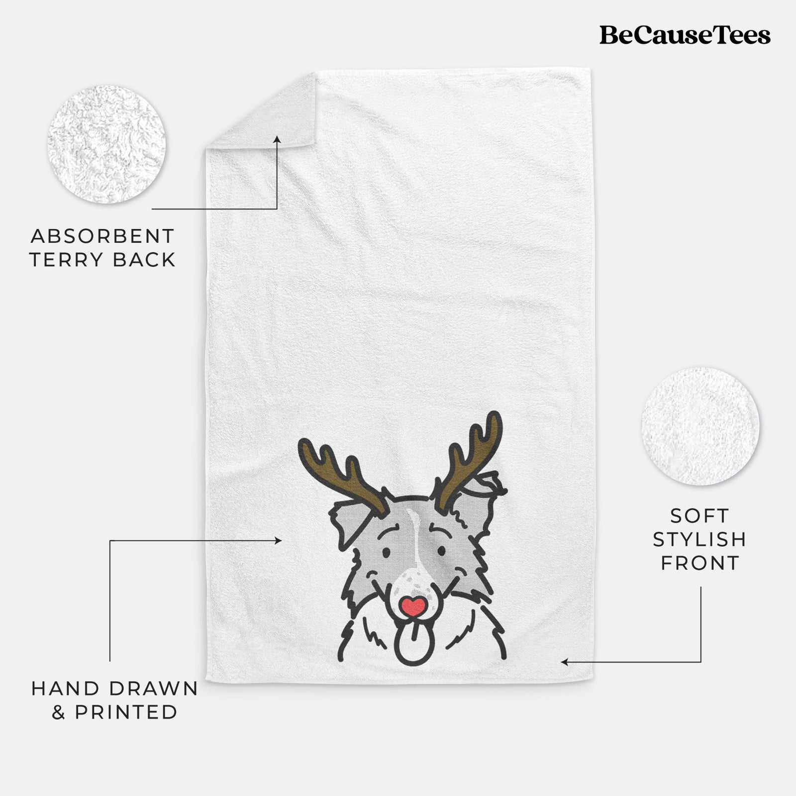Minimalist line drawing of Jam the Border Collie with reindeer antlers and a red nose on a decorative hand towel