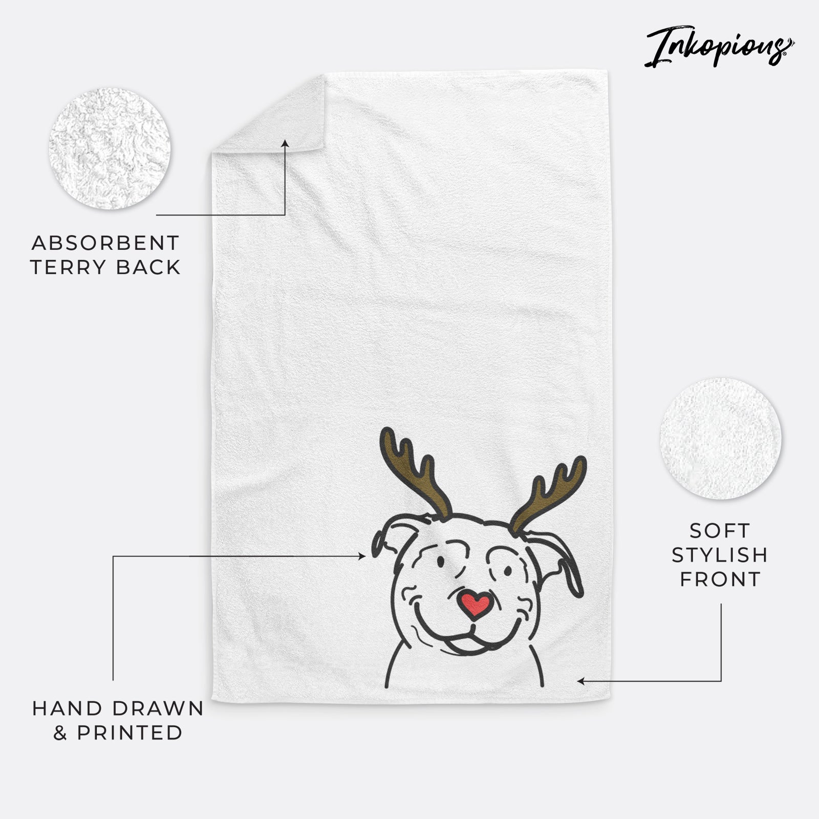 Minimalist line drawing of Lady the American Pitbull Terrier with reindeer antlers and a red nose on a decorative hand towel