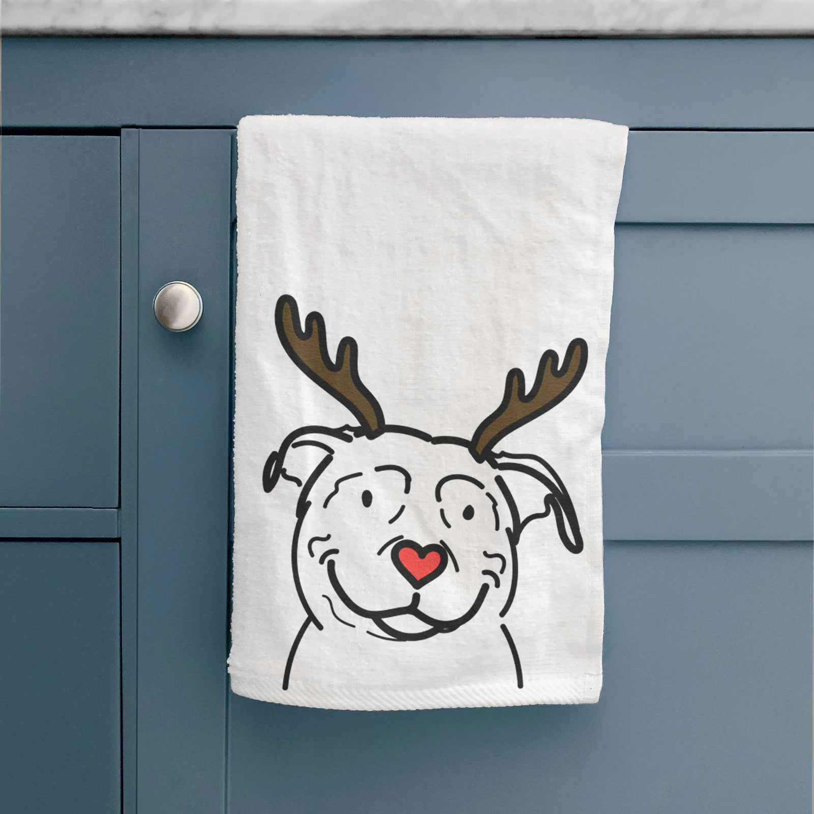 Minimalist line drawing of Lady the American Pitbull Terrier with reindeer antlers and a red nose on a decorative hand towel