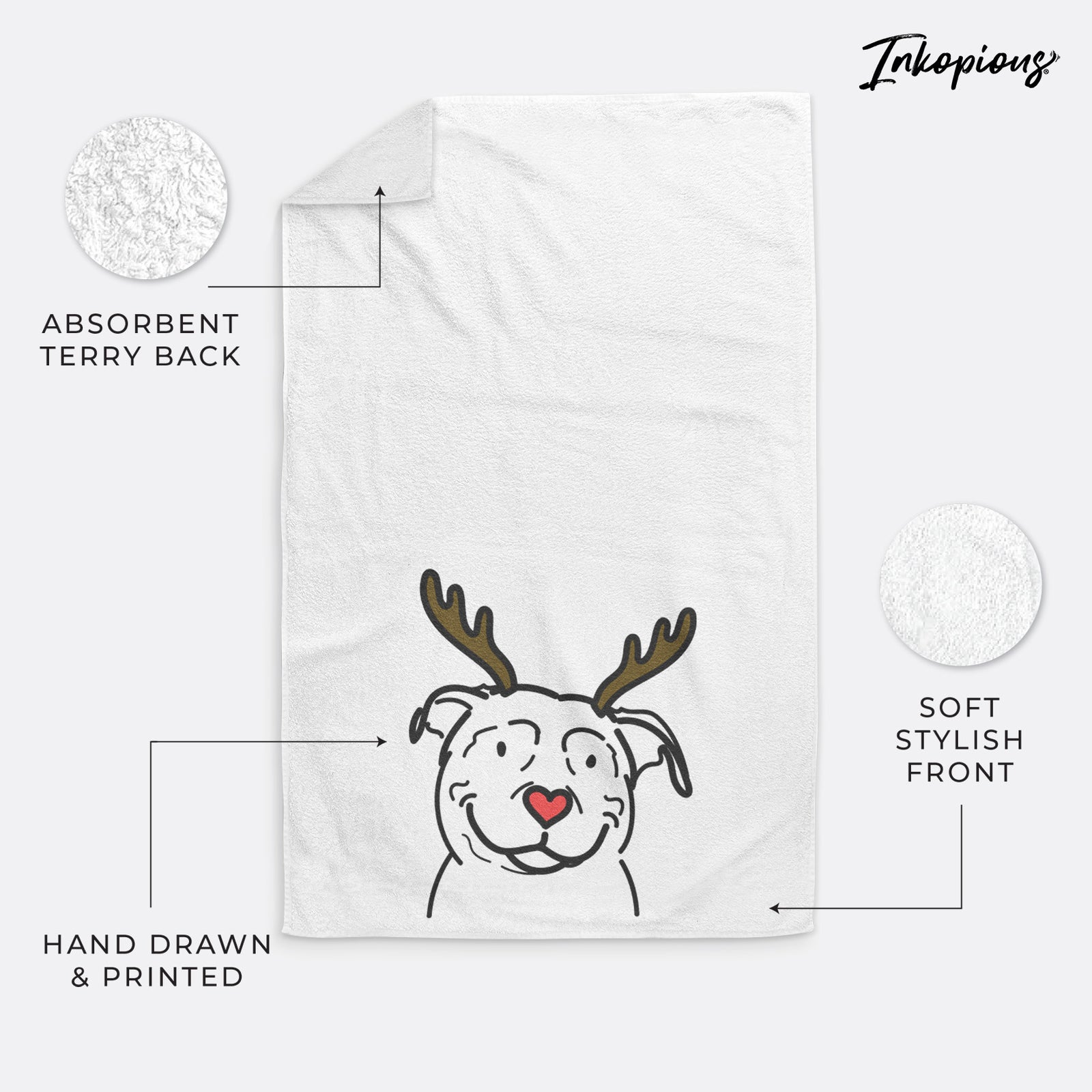 Minimalist line drawing of Lady the American Pitbull Terrier with reindeer antlers and a red nose on a decorative hand towel