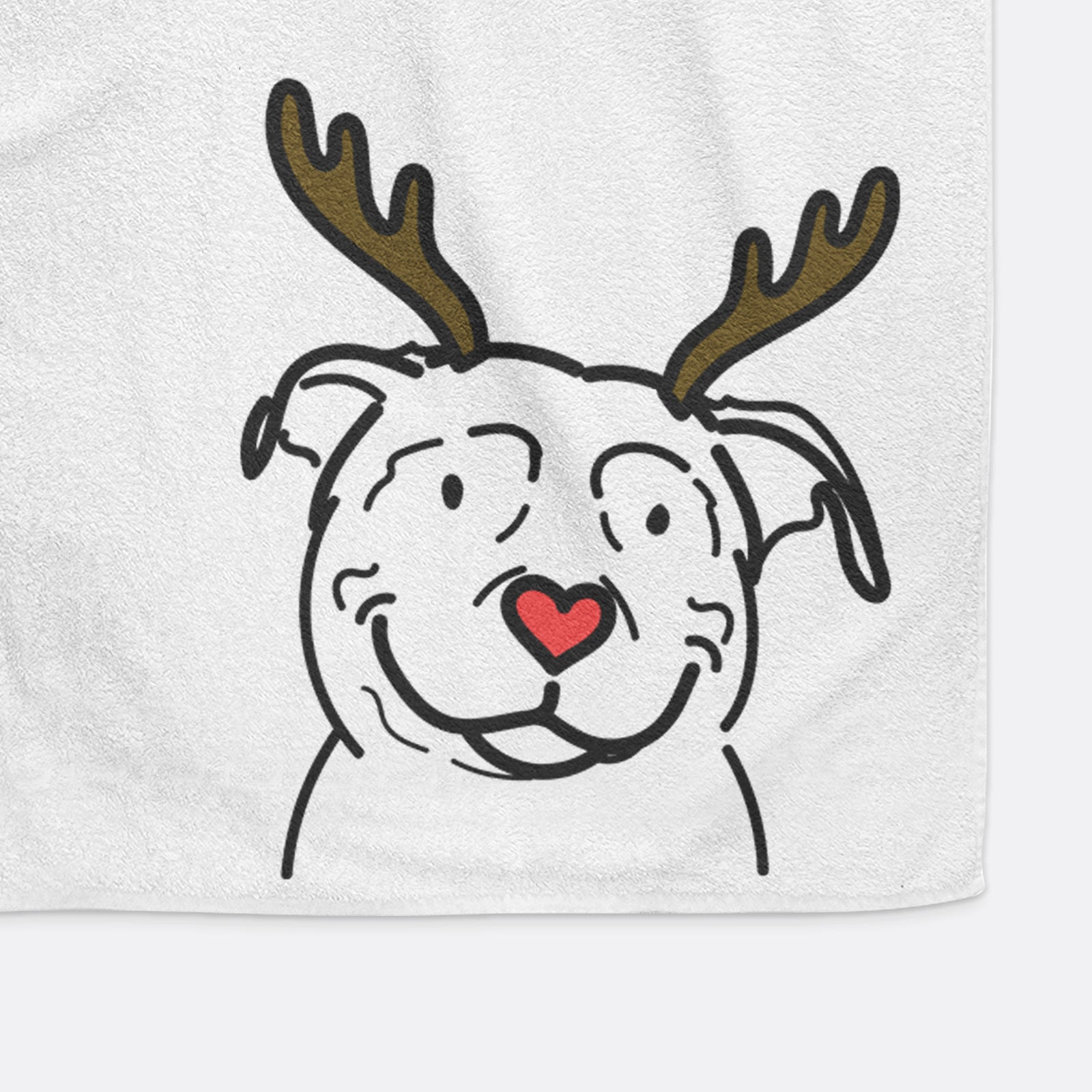 Minimalist line drawing of Lady the American Pitbull Terrier with reindeer antlers and a red nose on a decorative hand towel