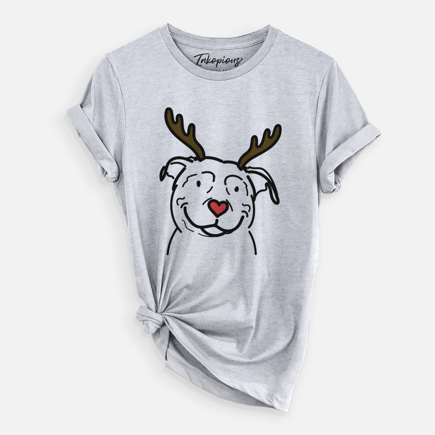 Minimalist line drawing of Lady the American Pitbull Terrier with reindeer antlers and a red nose on a Grey Unisex crewneck