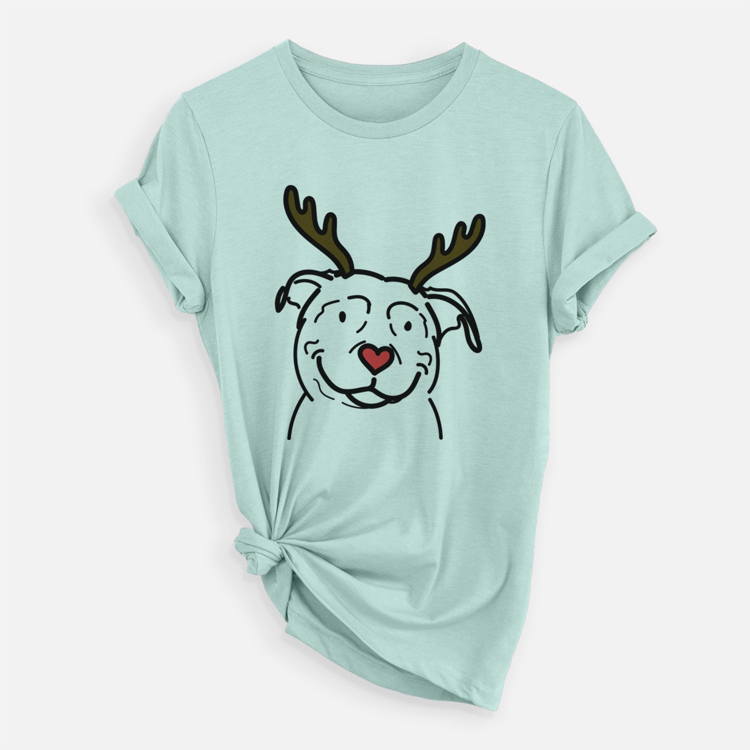 Minimalist line drawing of Lady the American Pitbull Terrier with reindeer antlers and a red nose on a Heather Sage Unisex crewneck