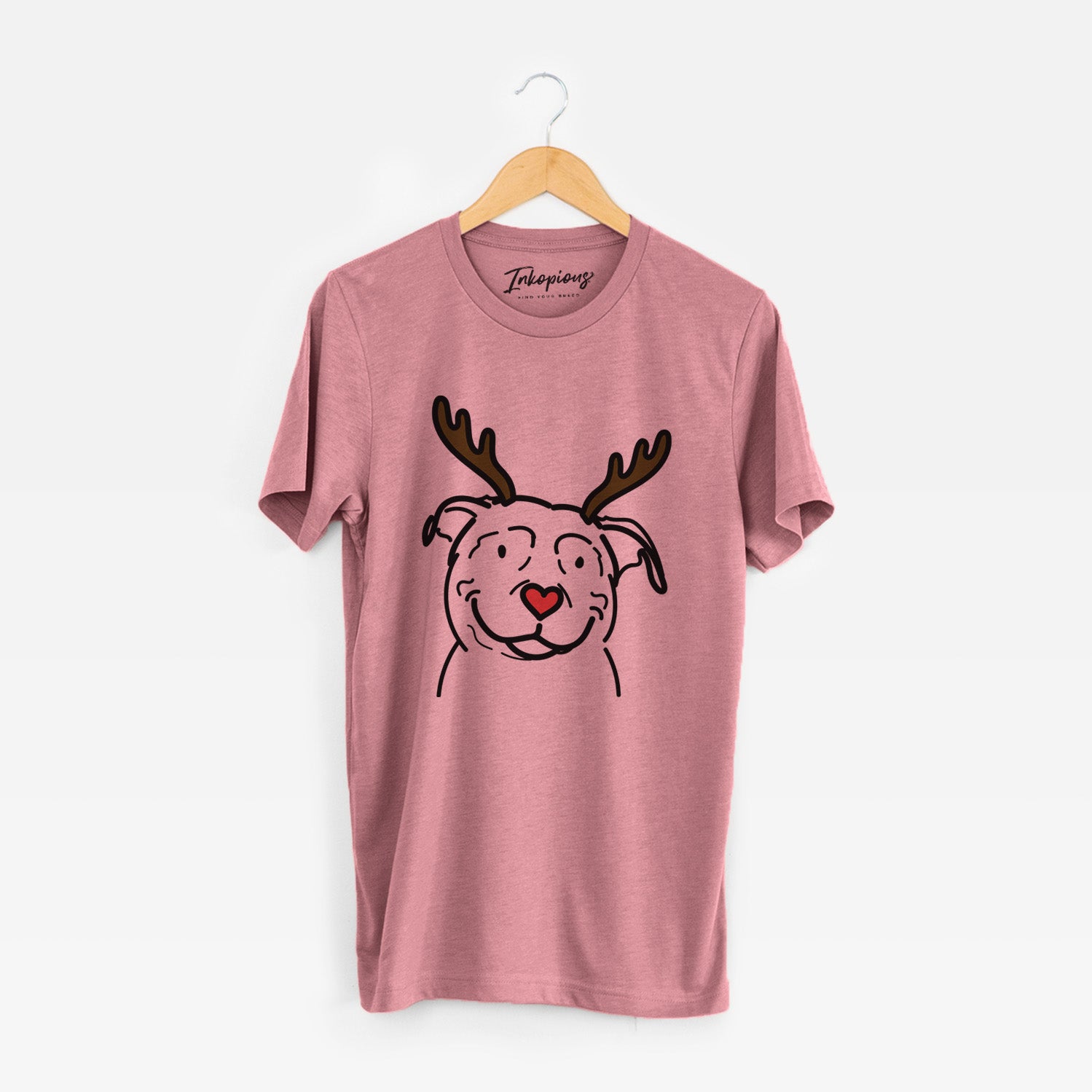 Minimalist line drawing of Lady the American Pitbull Terrier with reindeer antlers and a red nose on a Mauve Unisex crewneck