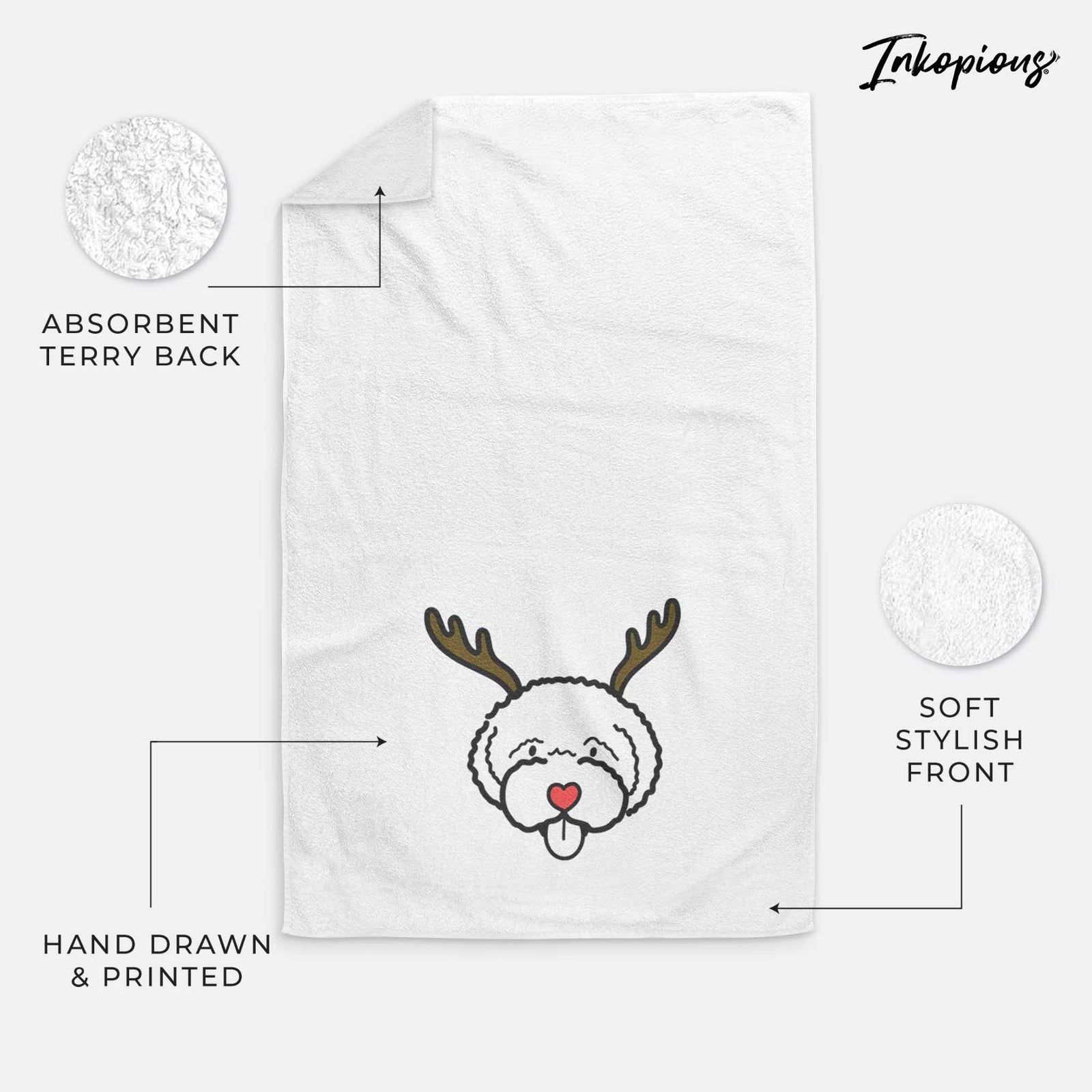 Minimalist line drawing of a Lagotta Romagnolo with reindeer antlers and a red nose on a decorative hand towel