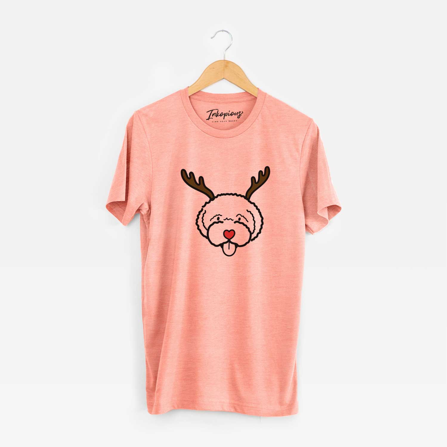 Minimalist line drawing of a Lagotta Romagnolo with reindeer antlers and a red nose on a Sunset Unisex crewneck