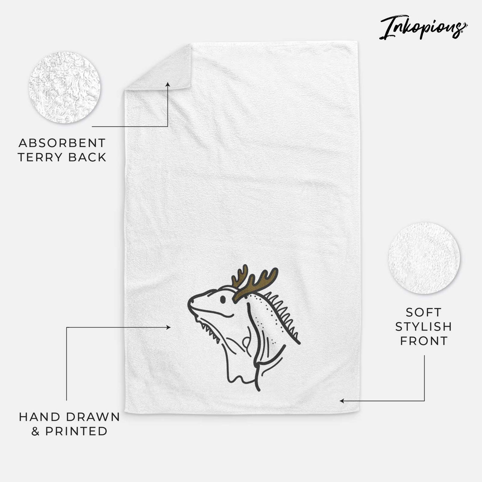 Minimalist line drawing of Louie the Iguana with reindeer antlers and a red nose on a decorative hand towel