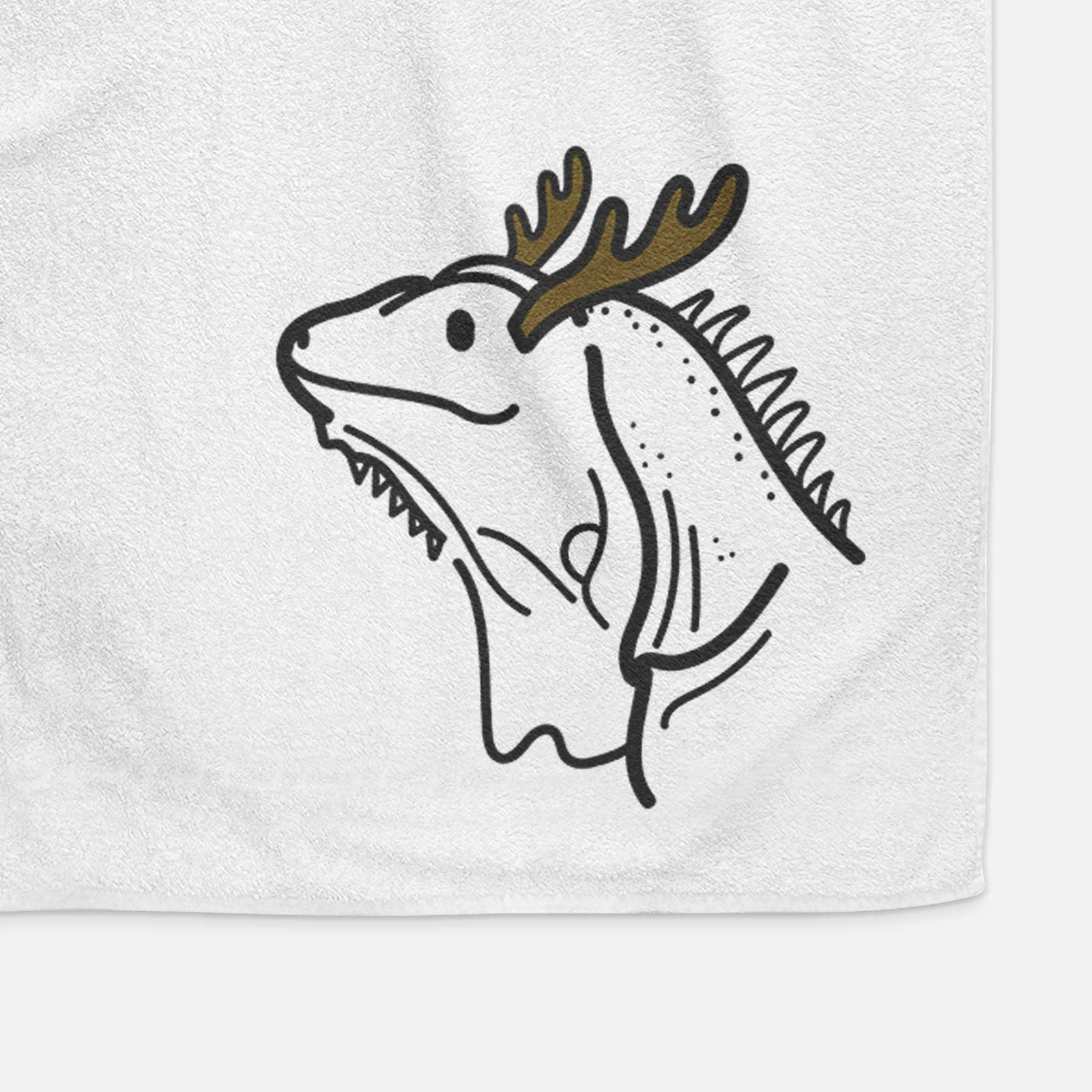Minimalist line drawing of Louie the Iguana with reindeer antlers and a red nose on a decorative hand towel