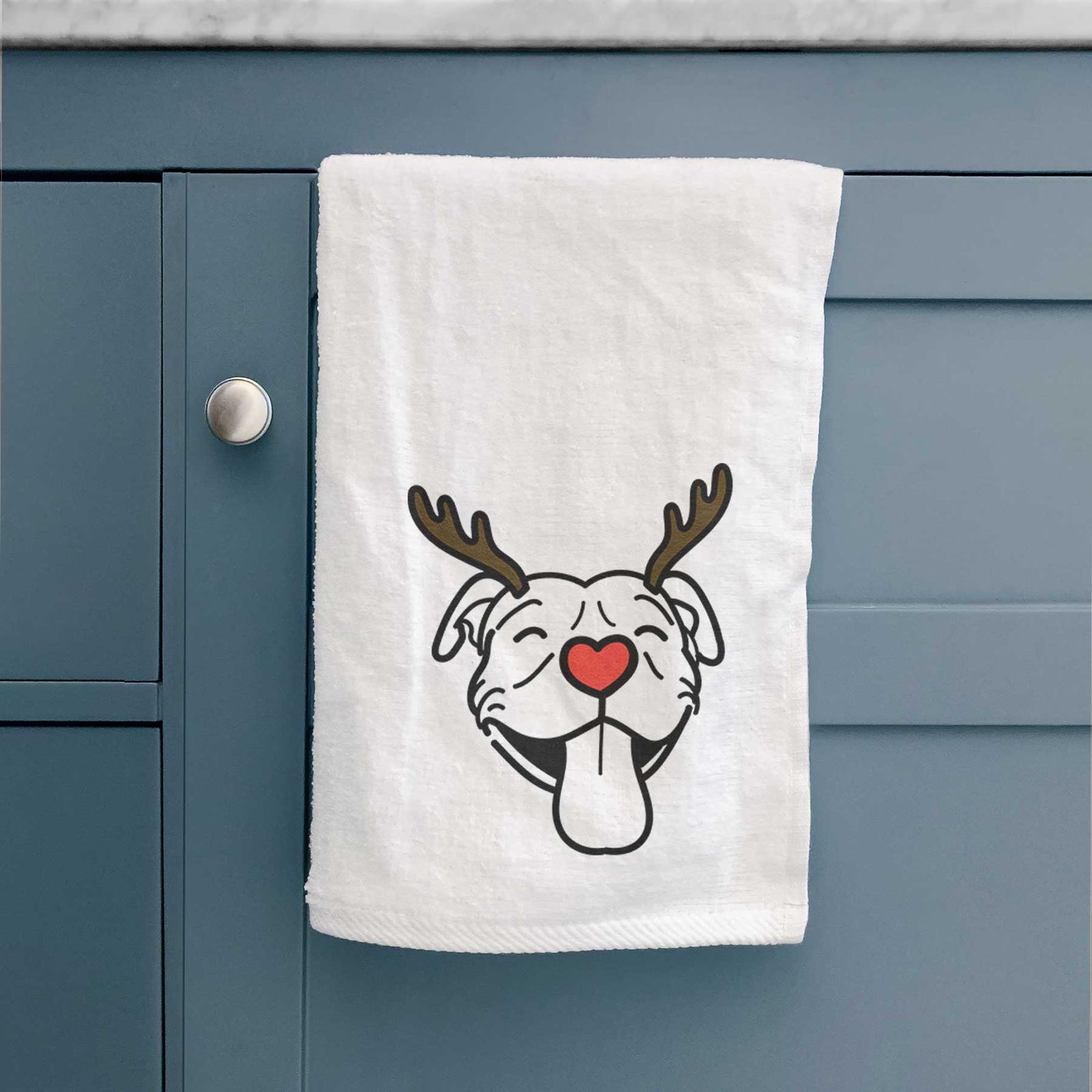 Minimalist line drawing of Louie the Pitbull with reindeer antlers and a red nose on a decorative hand towel