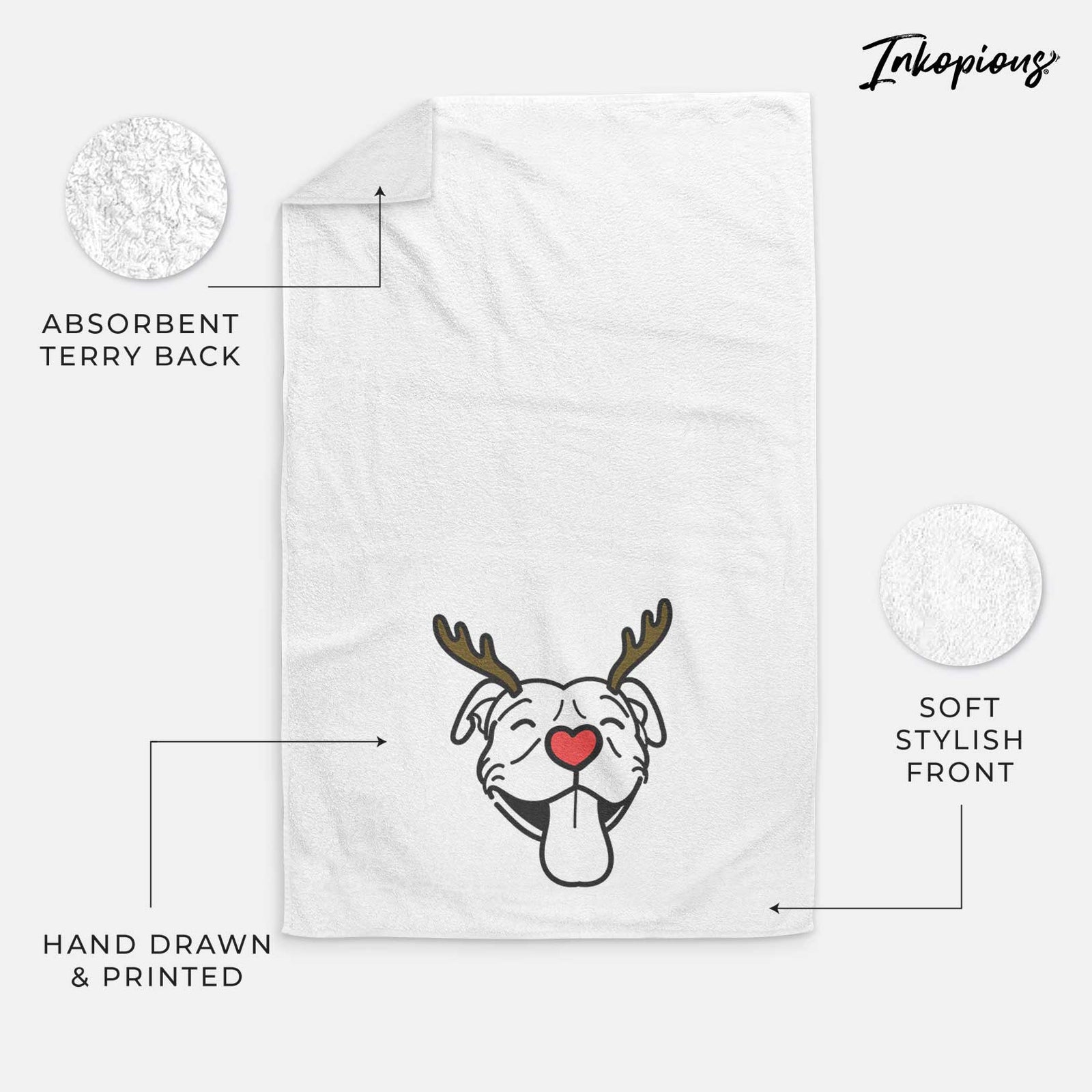 Minimalist line drawing of Louie the Pitbull with reindeer antlers and a red nose on a decorative hand towel