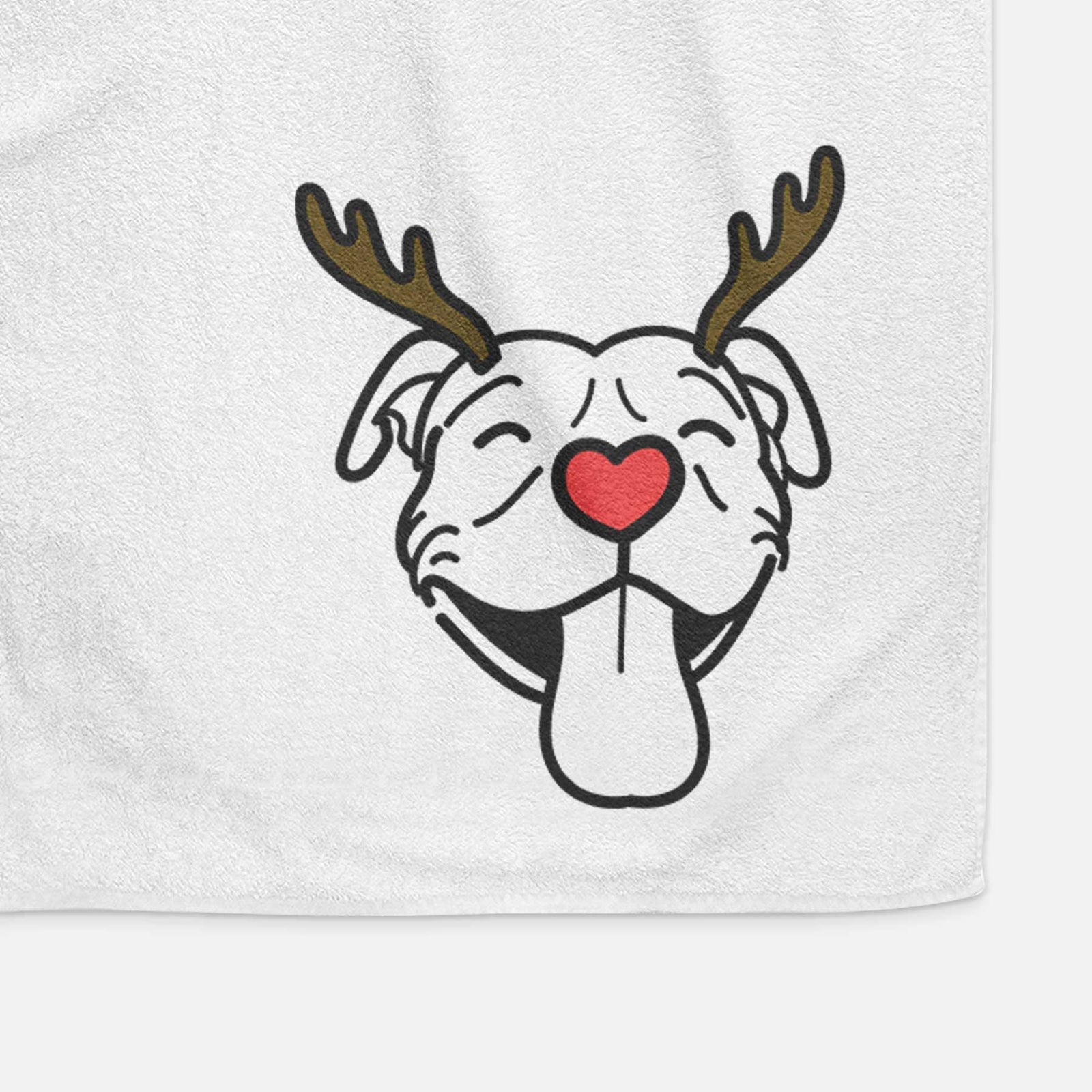 Minimalist line drawing of Louie the Pitbull with reindeer antlers and a red nose on a decorative hand towel