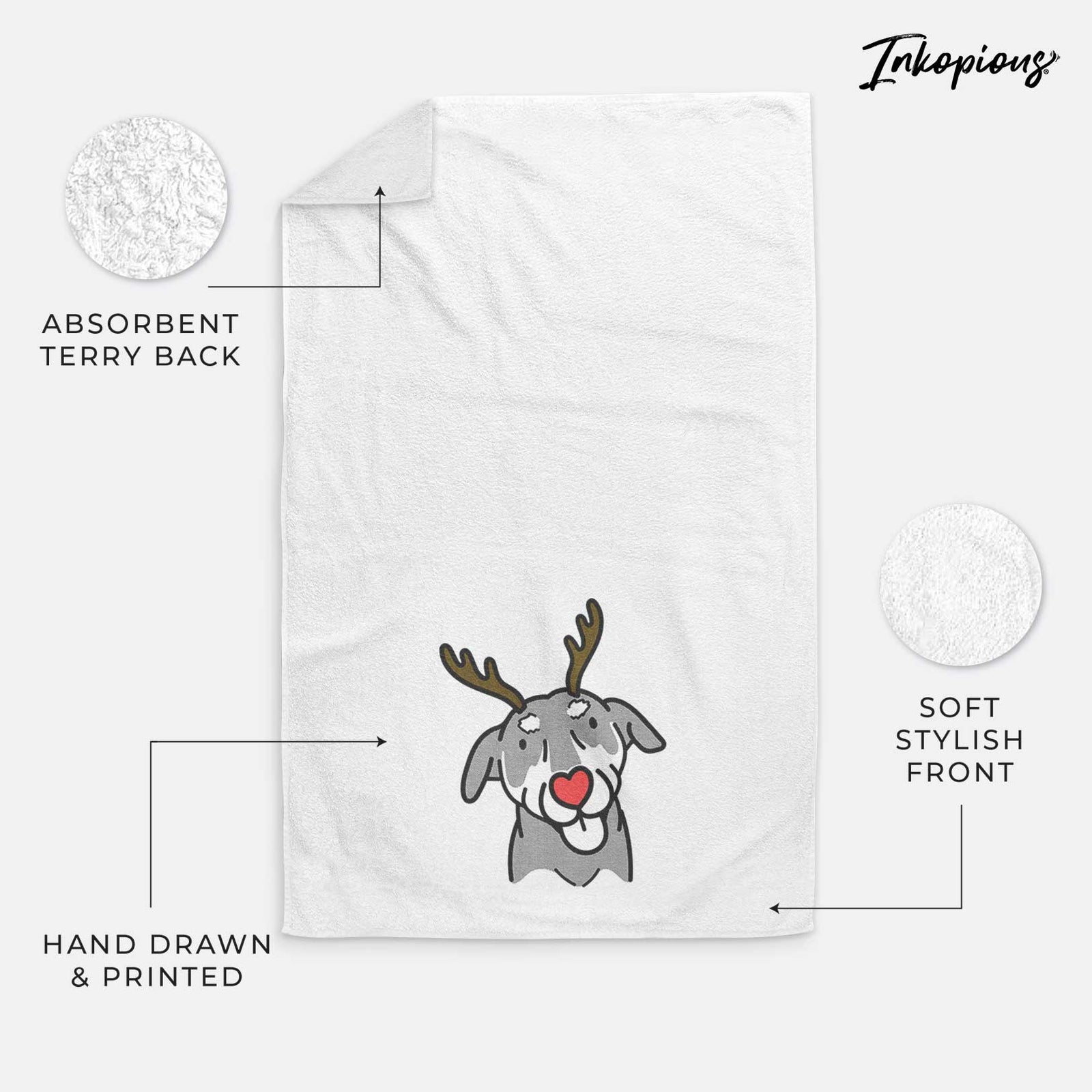 Minimalist line drawing of Lousia the Mixed Breed with reindeer antlers and a red nose on a decorative hand towel