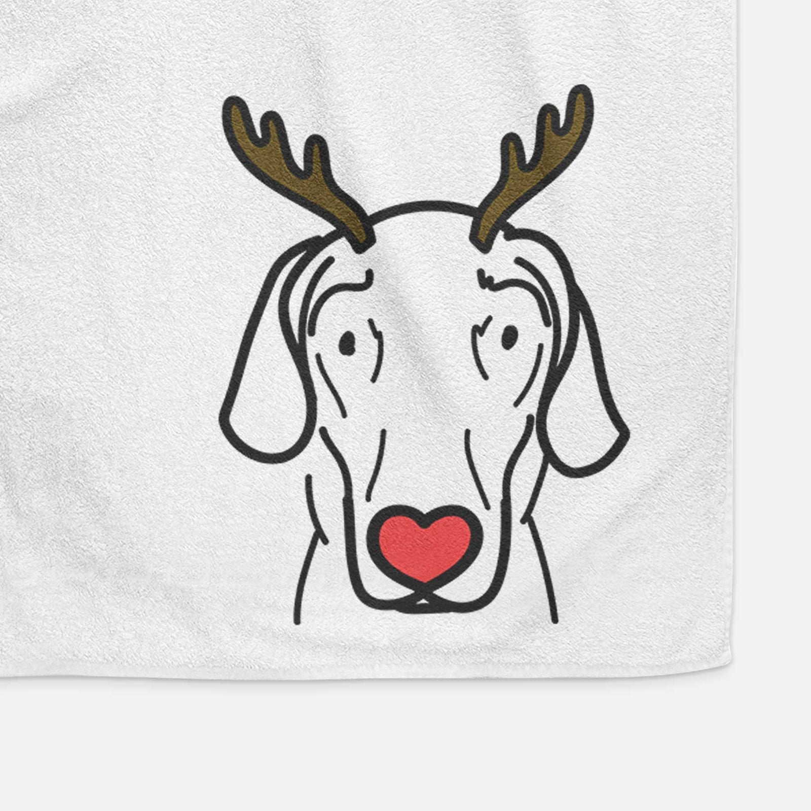 Minimalist line drawing of Lucy the Great Dane with reindeer antlers and a red nose on a decorative hand towel