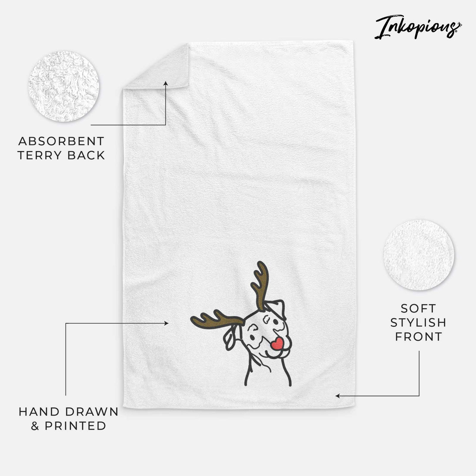 Minimalist line drawing of a Mini Pinscher with reindeer antlers and a red nose on a decorative hand towel