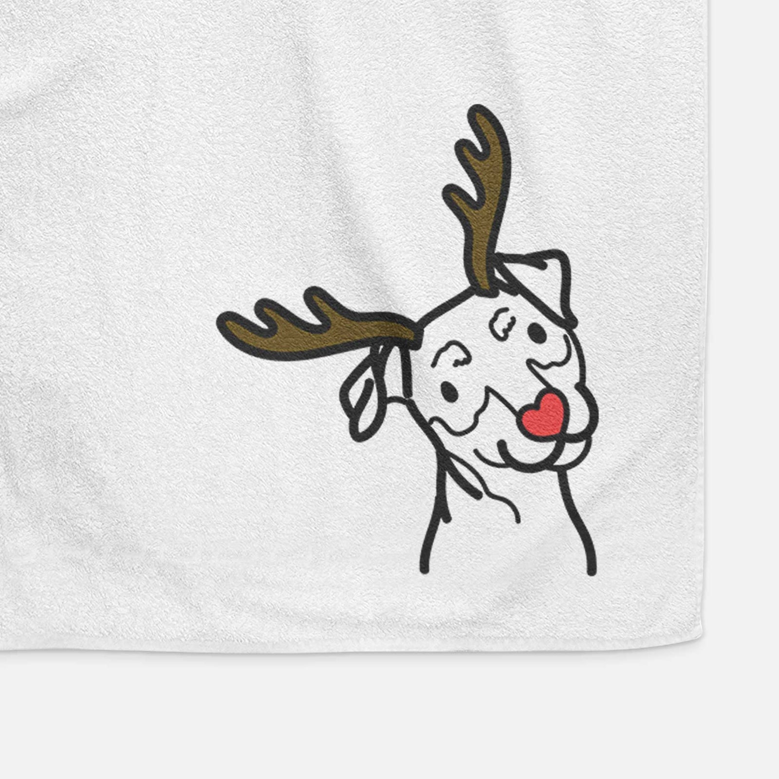 Minimalist line drawing of a Mini Pinscher with reindeer antlers and a red nose on a decorative hand towel